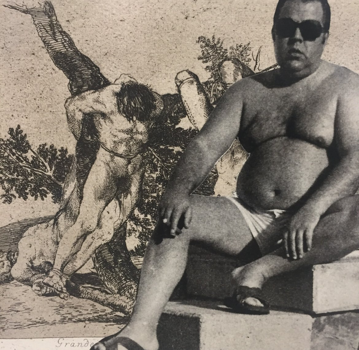 A black-and-white photo of a man sitting on a step, wearing sunglasses, shorts, and sandals. Behind him is a drawing of a biblical scene depicting Jesus Christ carrying the cross.