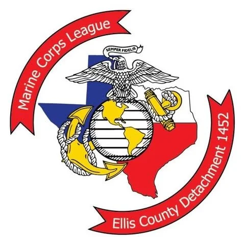 Marine Corps League emblem featuring an eagle, globe, and anchors, with Texas map and the text 'Marine Corps League' and 'Ellis County Detachment 1452' on red banners.