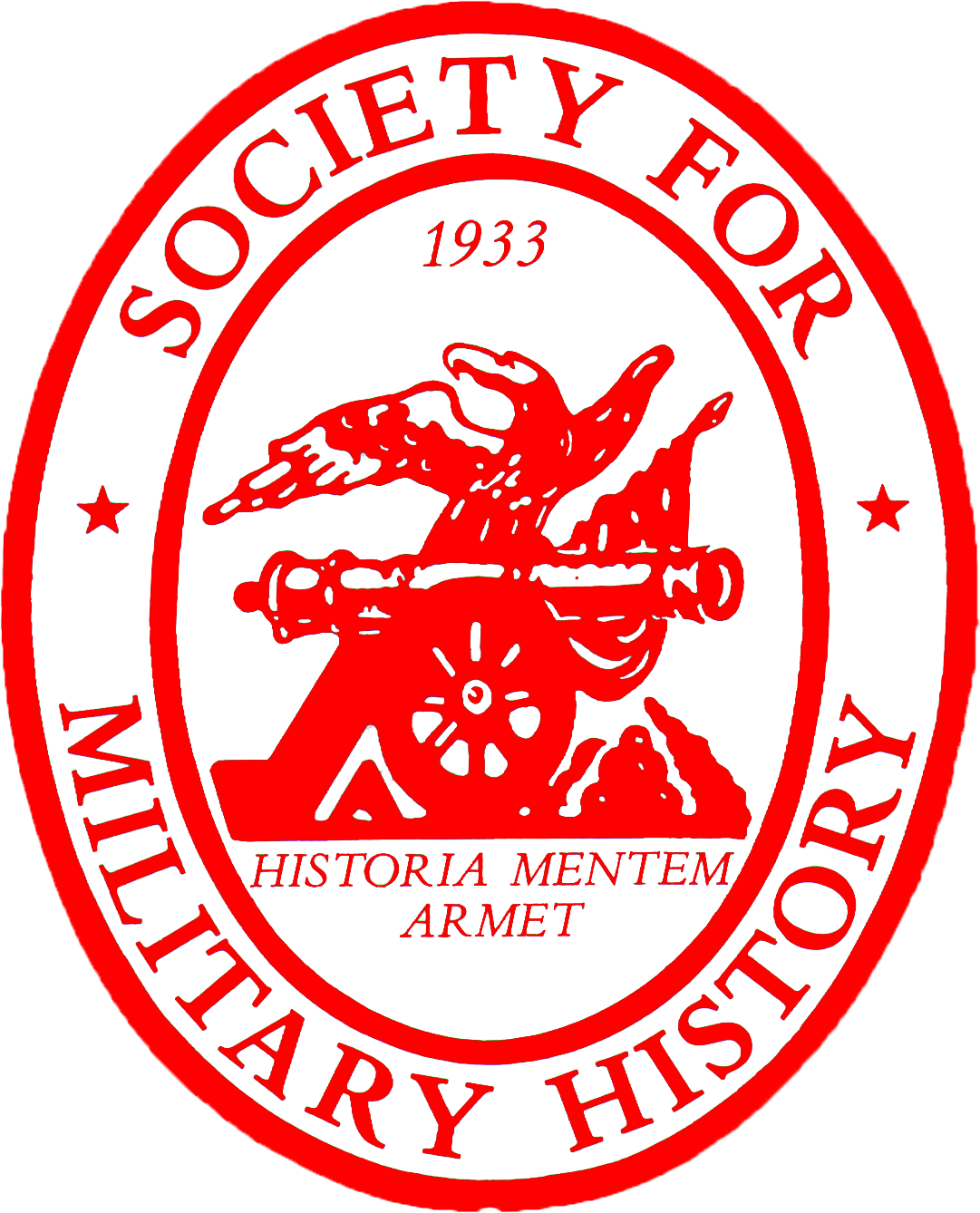 Seal of the Massachusetts Society for Military History, featuring a cannon with an eagle perched on top, words "SOCIETY FOR MILITARY HISTORY," established in 1933, and Latin motto "HISTORIA MENTEM ARMET."