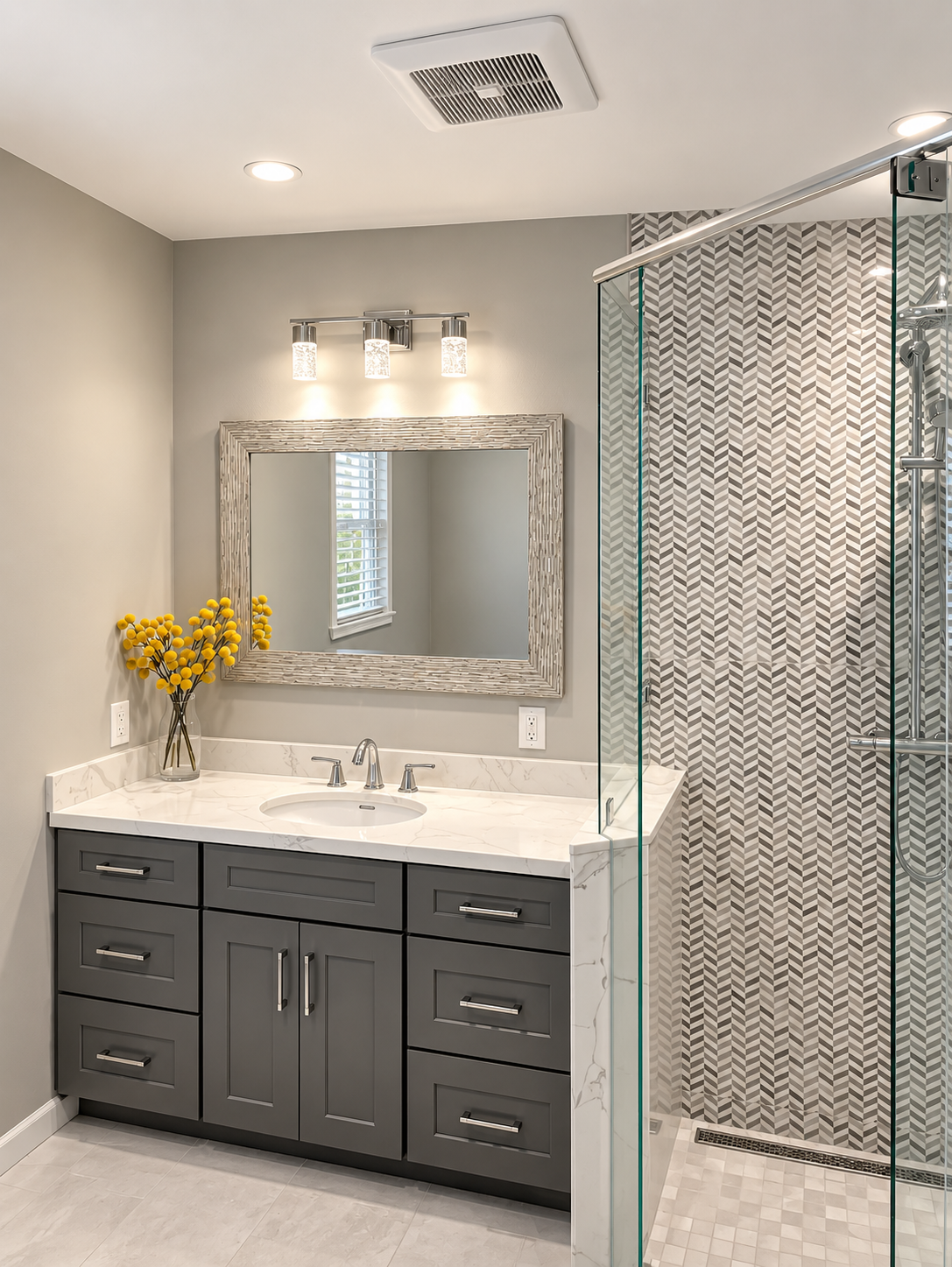 Gray shaker vanity with a white countertop, bathroom remodel in Mountain View, CA