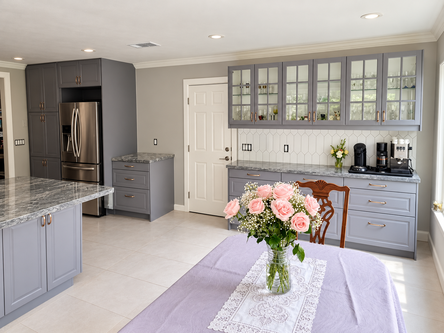 Gray shaker cabinets with glass-front uppers and copper handles, full kitchen remodel in San Jose, CA