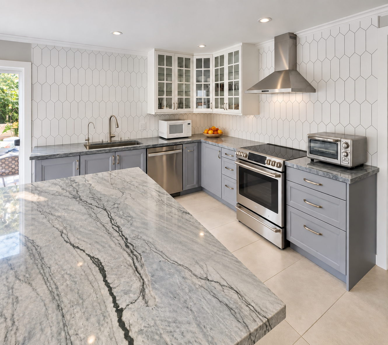 Stone island and countertops with a white picket tile backsplash and stainless range, full kitchen remodel in San Jose, CA
