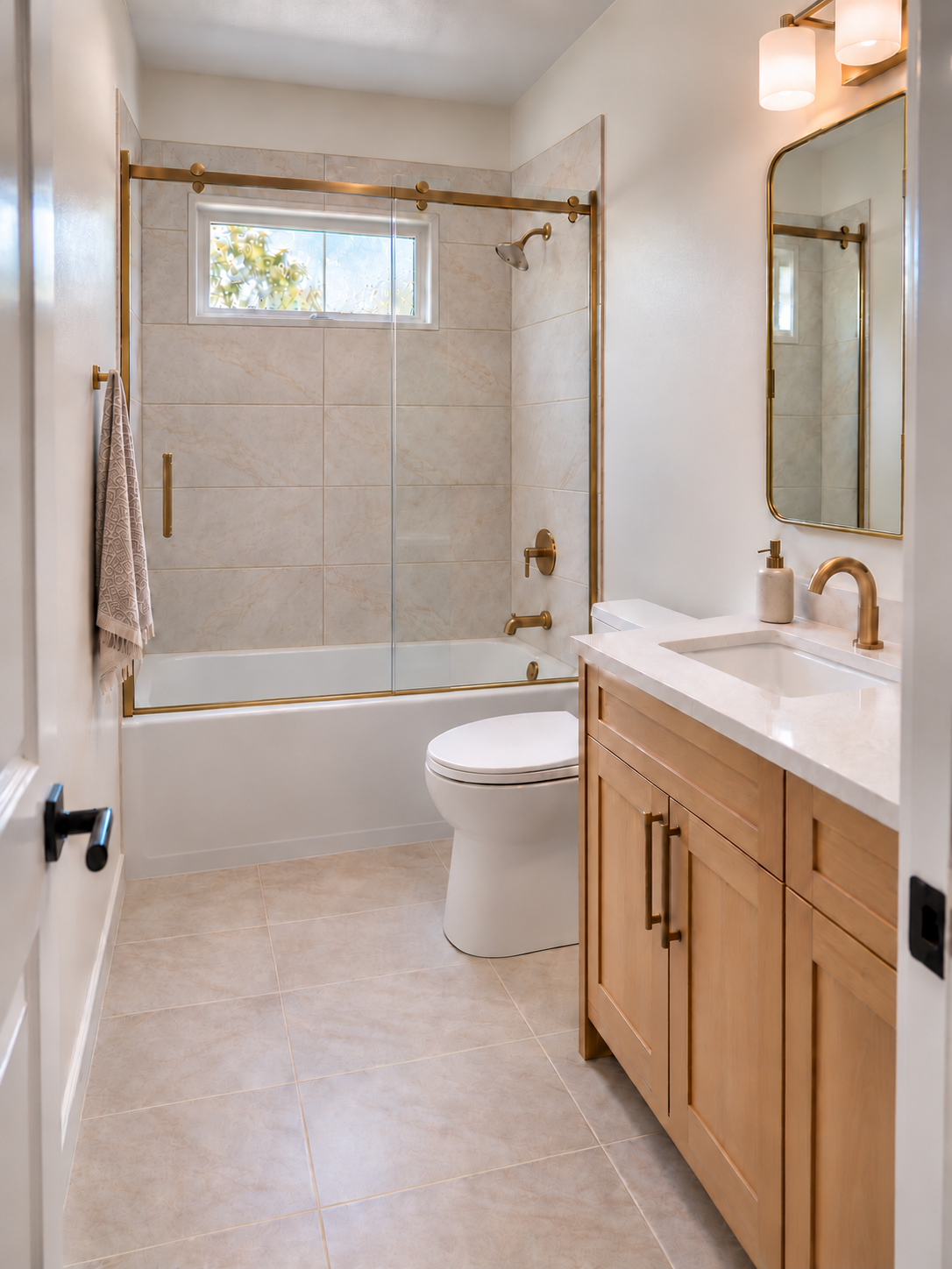 Bathroom Remodel with Brass Fixtures and a Wood Vanity in Los Altos