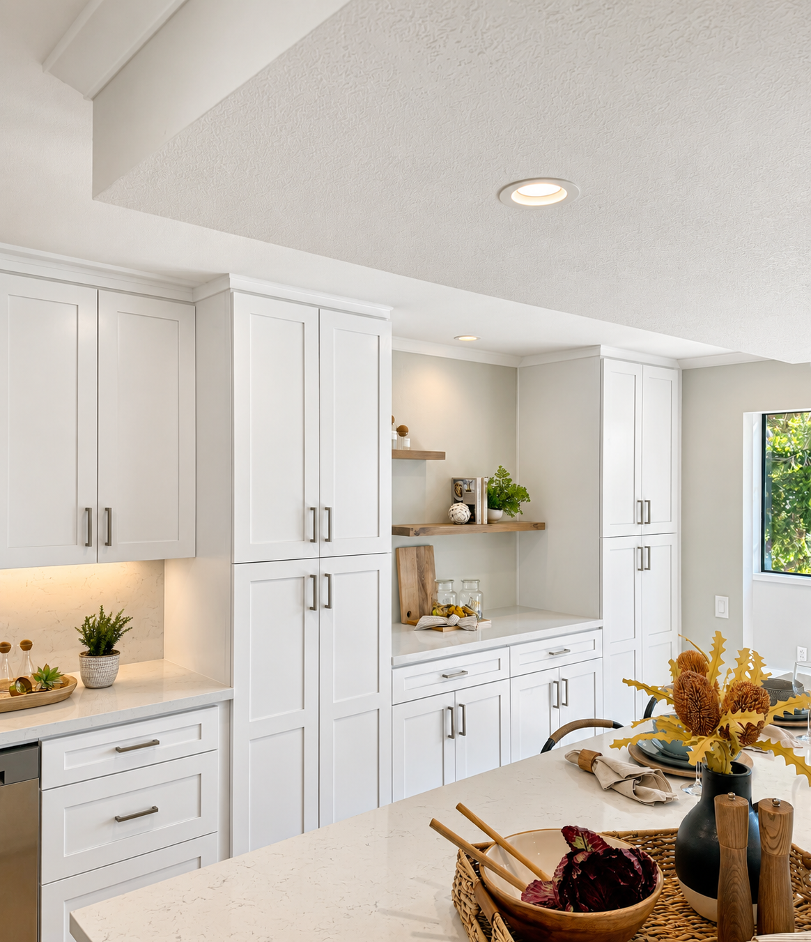 White shaker cabinets with open wood shelves and under-cabinet lighting, full kitchen remodel in Sunnyvale, CA