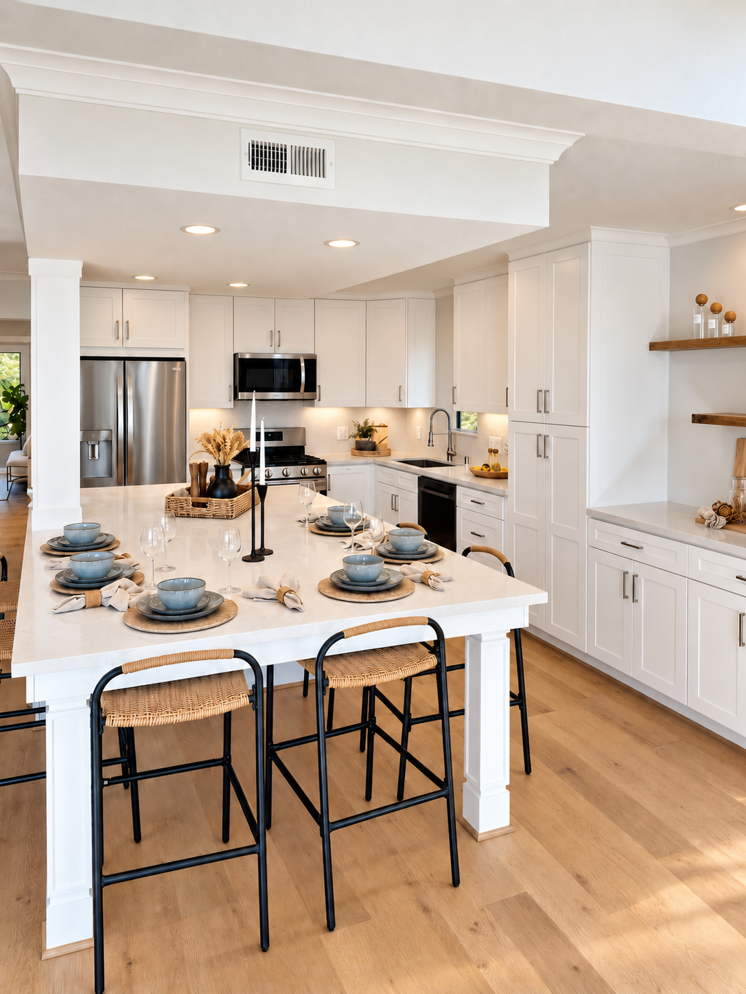 White shaker kitchen with a large island and seating for four, full kitchen remodel in Sunnyvale, CA