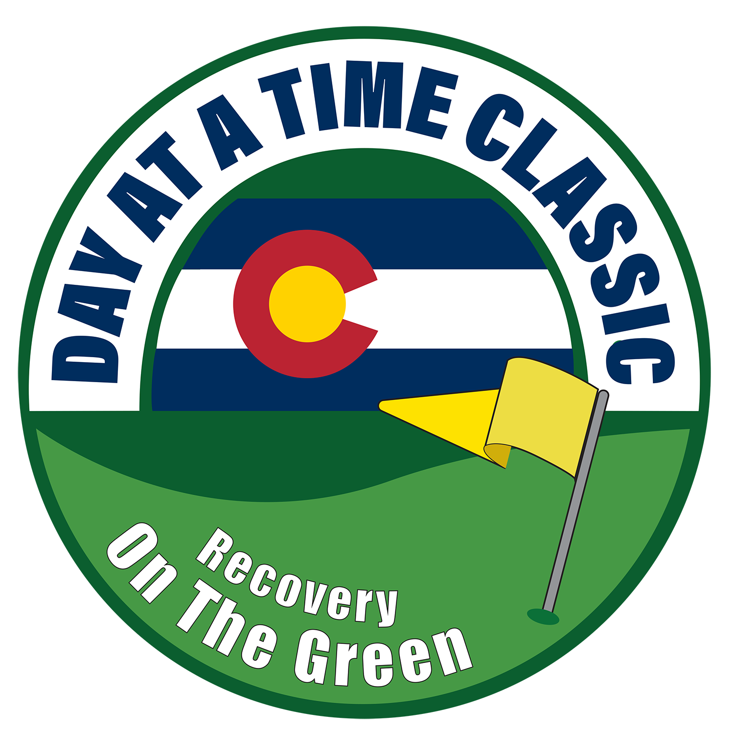 A circular badge with the words "DAY AT A TIME CLASSIC" at the top and "Recovery ON The Green" at the bottom, featuring a Colorado state flag in the center and a yellow golf flag on a green background.