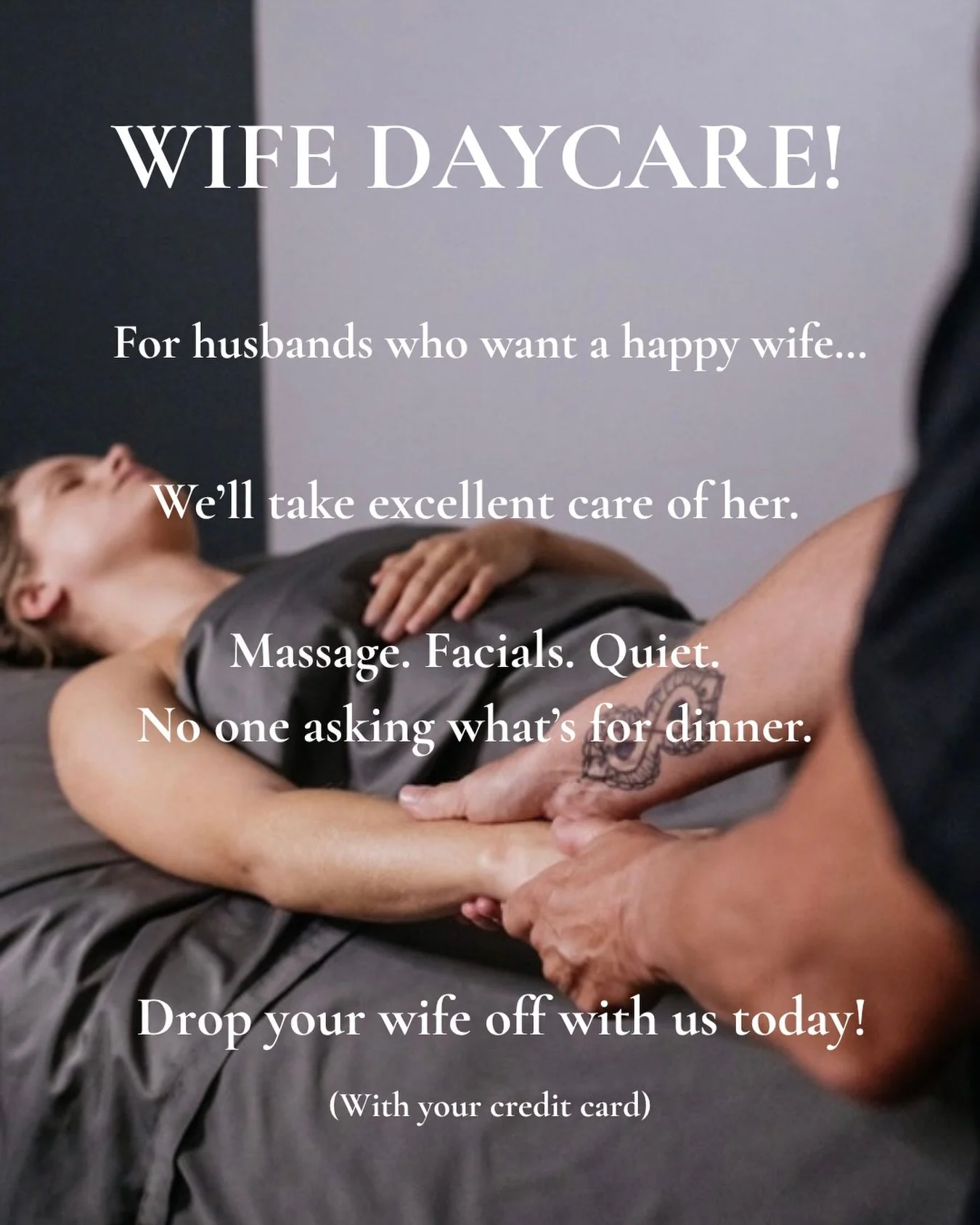 Just gonna leave this here for the husbands wondering what she actually wants😉

Give her a little time to slow down, be taken care of, and not answer a single question for an hour (or two).

Massage. Facial. Quiet.
Someone else taking care of everyt