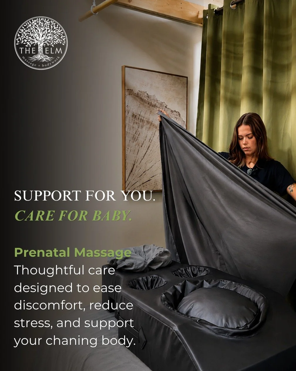 Being pregnant is a full time job. Your body deserves a day off. 🌿

Prenatal massage at The Elm is built around you and everything your body is going through right now. Less discomfort. Less stress. More of actually feeling like yourself for an hour