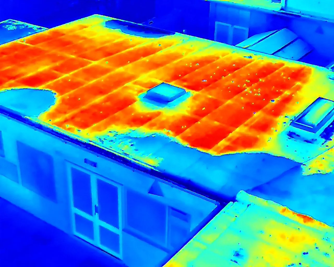 Thermal image of a building showing points of dampness