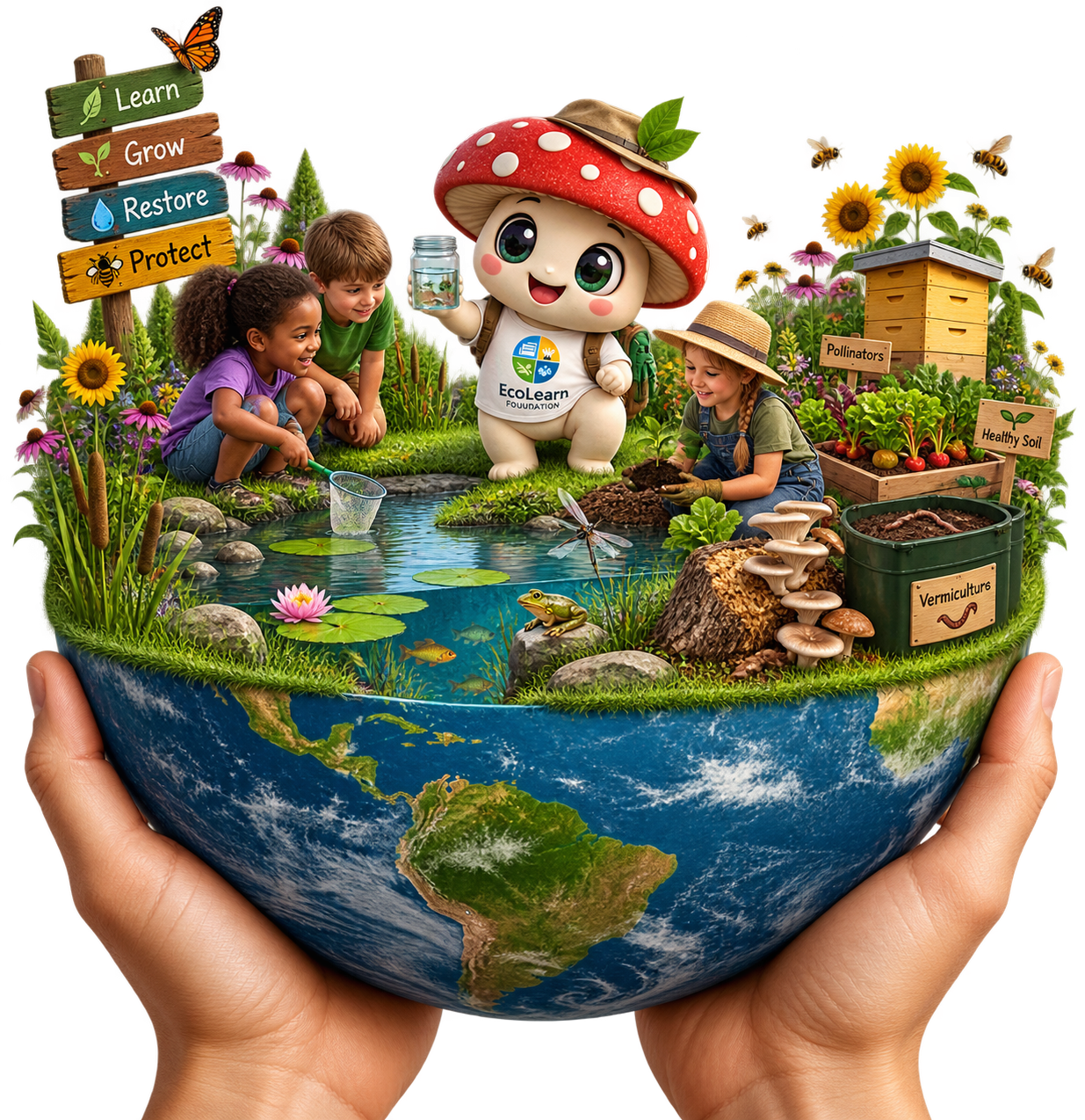 A miniature ecosystem held in two hands featuring children and a cartoon mushroom character engaging in conservation activities around a pond with fish, frogs, and water lilies, surrounded by flowers, bee, and pollinator-friendly plants.