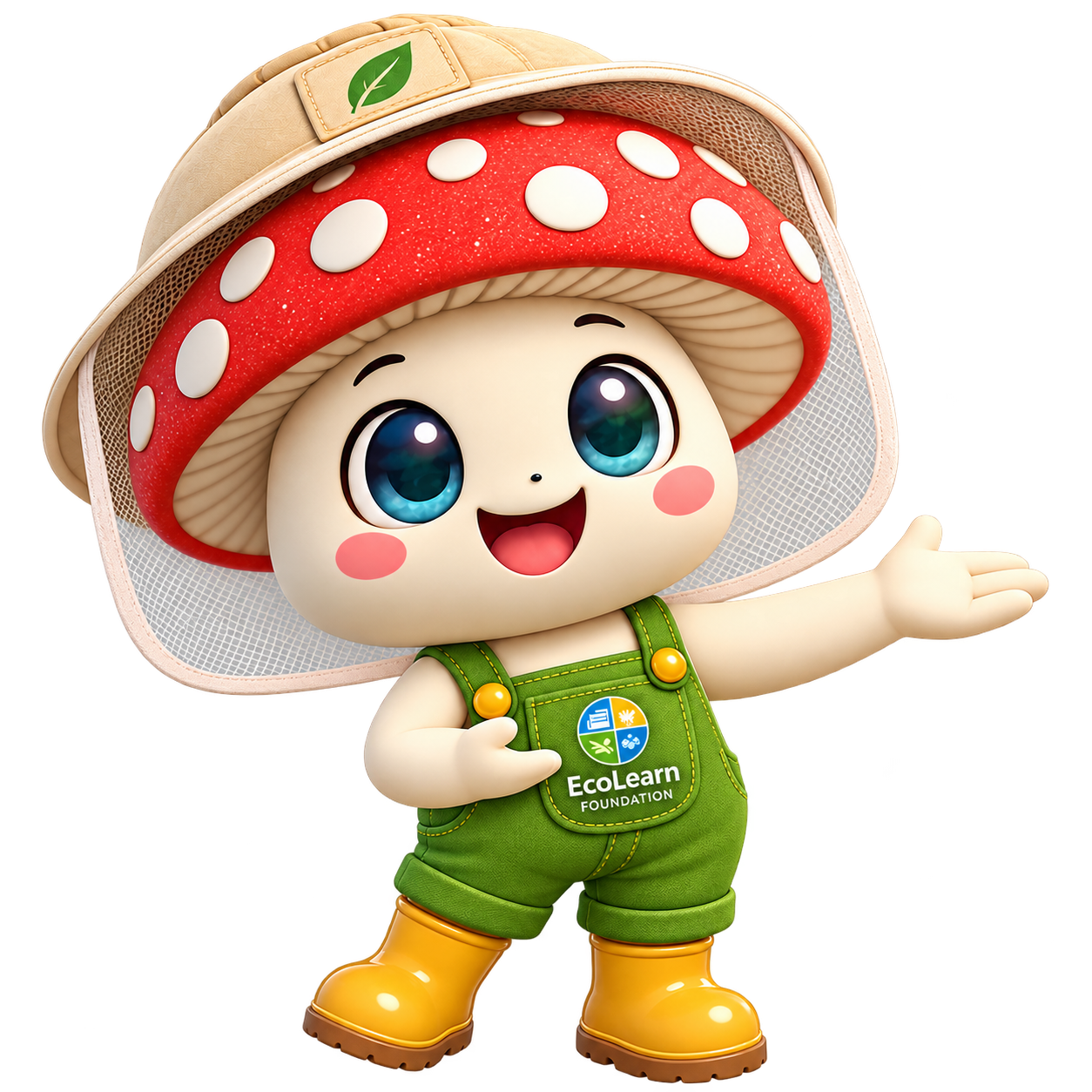 Cartoon character with big blue eyes, rosy cheeks, and a wide smile, wearing a mushroom hat, green overalls with a 'EcoLearn Foundation' logo, yellow boots, and gesturing outward with one arm.