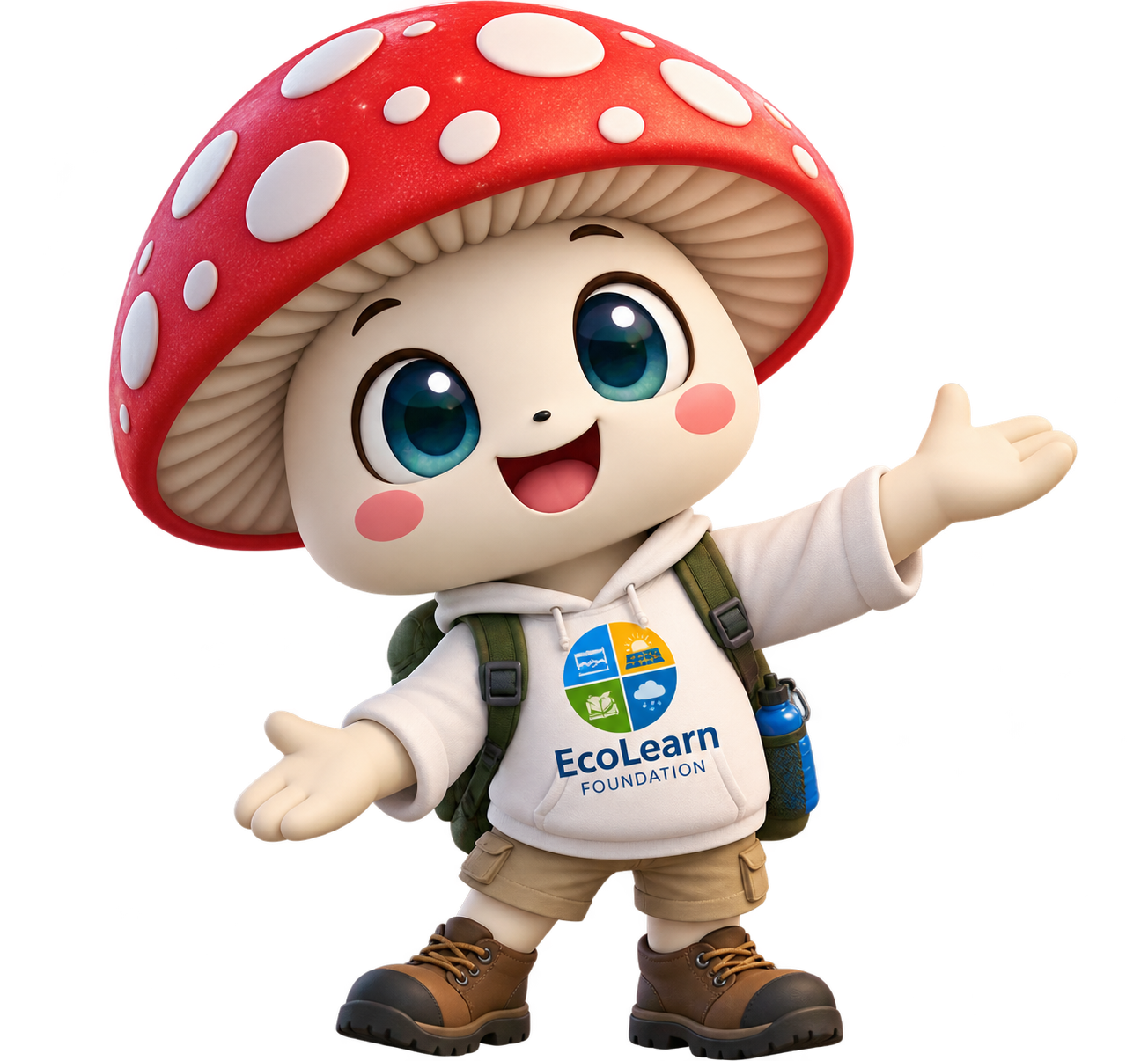 A cartoon character with big blue eyes, pink cheeks, and a red mushroom cap with white spots, wearing a white EcoLearn Foundation hoodie, khaki shorts, brown hiking boots, and a backpack, smiling and gesturing with open arms.