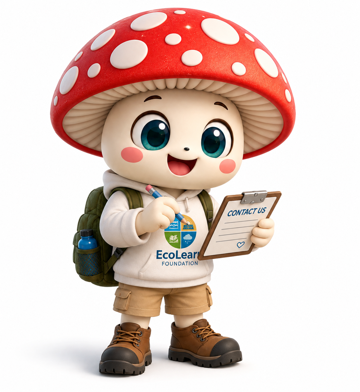 A cute cartoon character with big blue eyes, rosy cheeks, and a mushroom-shaped red hat with white spots, wearing a sweatshirt with EcoLearn Foundation logo, carrying a backpack, holding a clipboard with contact info, and a pen, dressed in shorts and hiking boots.