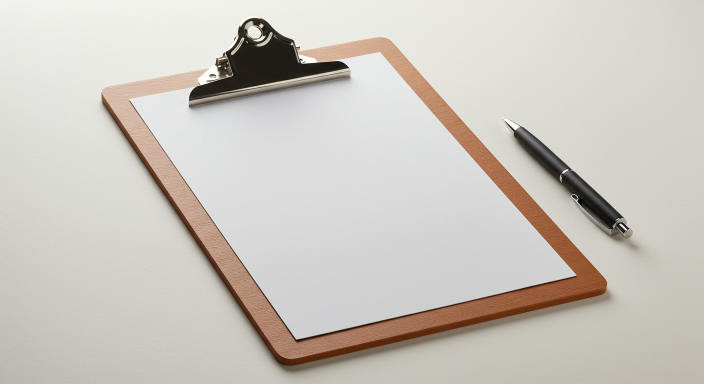 A brown clipboard with a blank white sheet of paper and a black pen on a light-colored surface.
