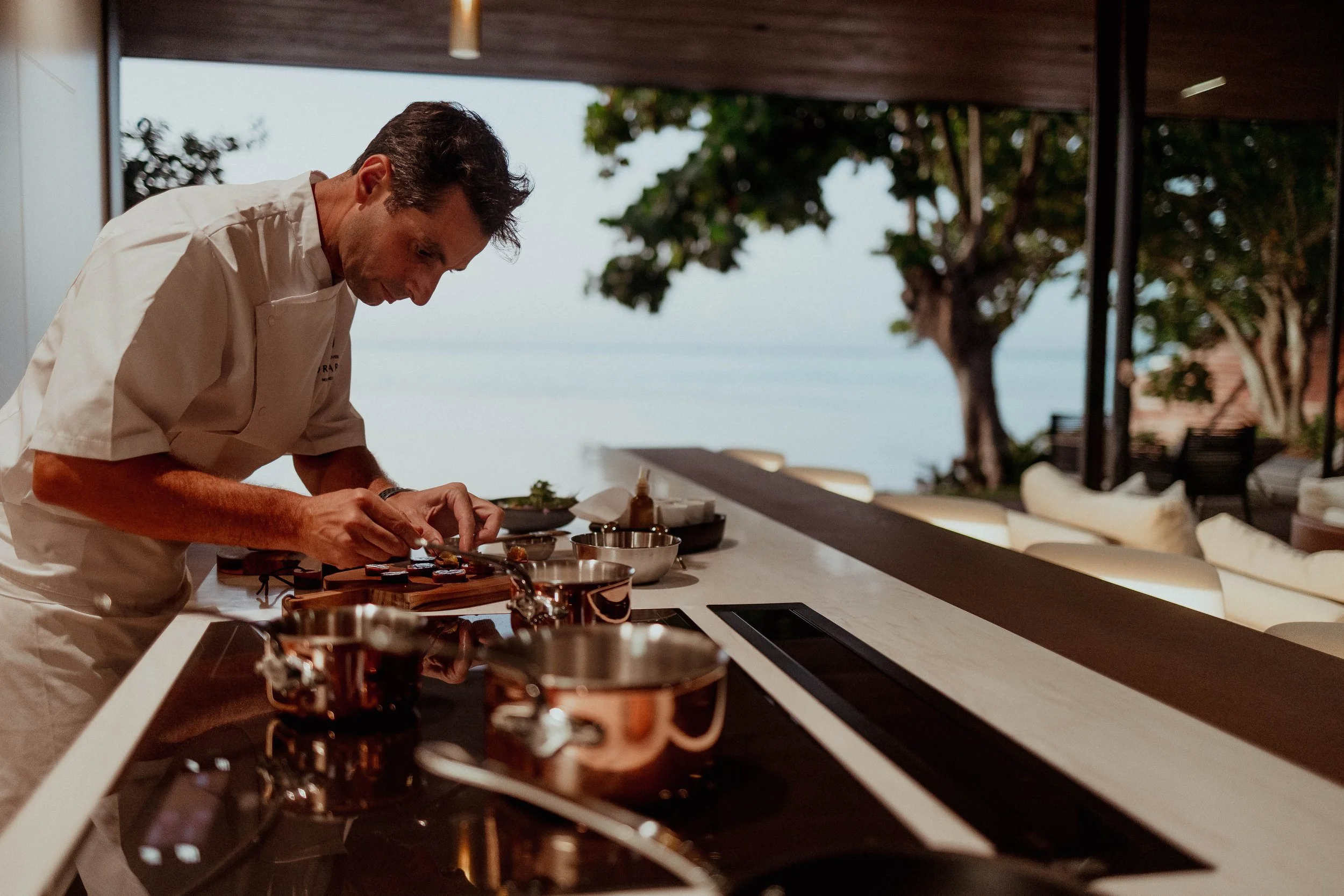 Chef en cuisine préparant des plats dans une cuisine moderne avec vue sur la mer et des arbres à l'extérieur.