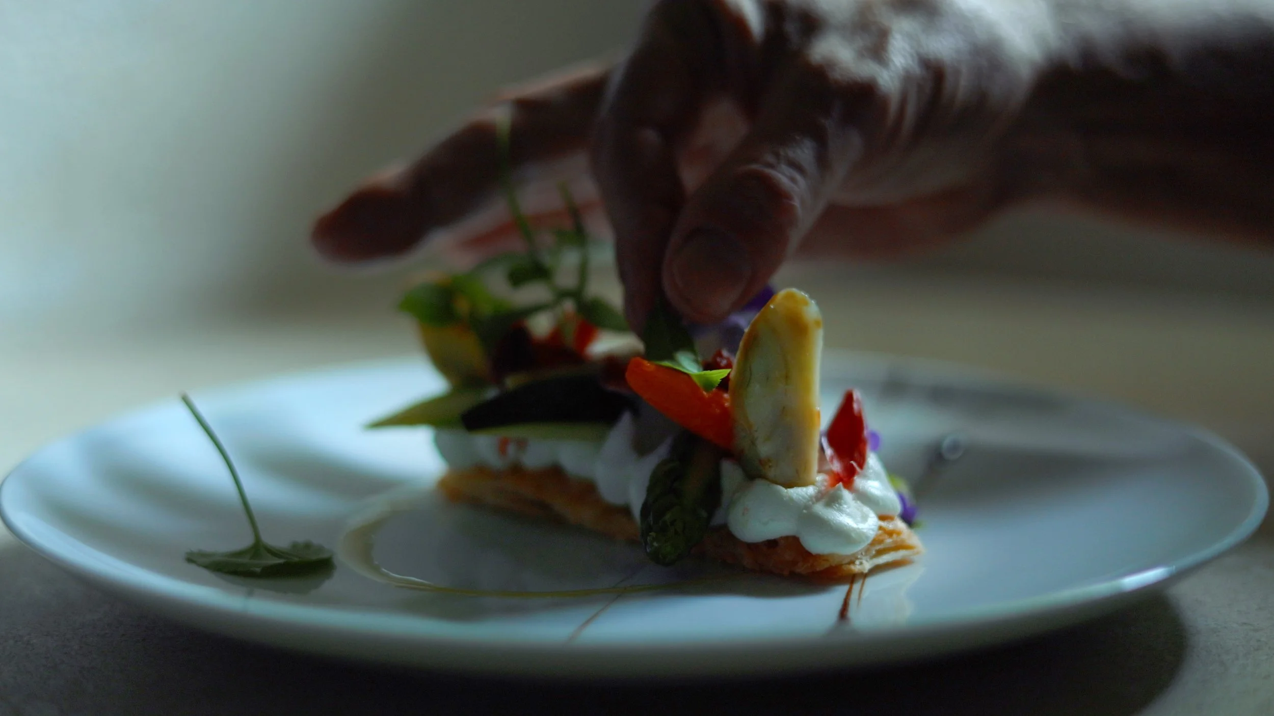 Une main dépose délicatement des légumes et des éléments de garniture sur une assiette avec un plat préparé, à manger.