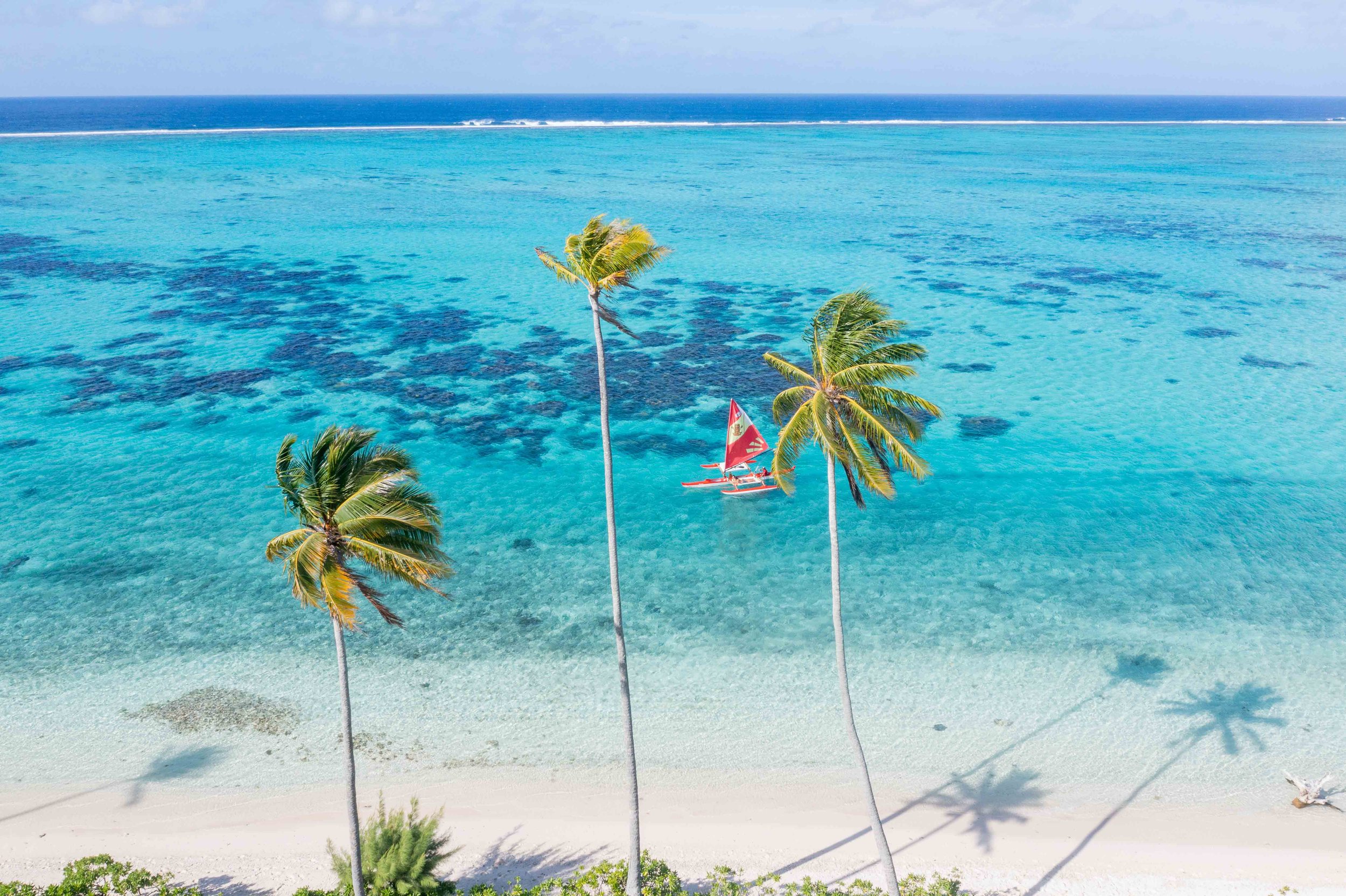 Plage de sable blanc avec trois palmiers et une mer turquoise avec un voilier à voile rouge en arrière-plan.