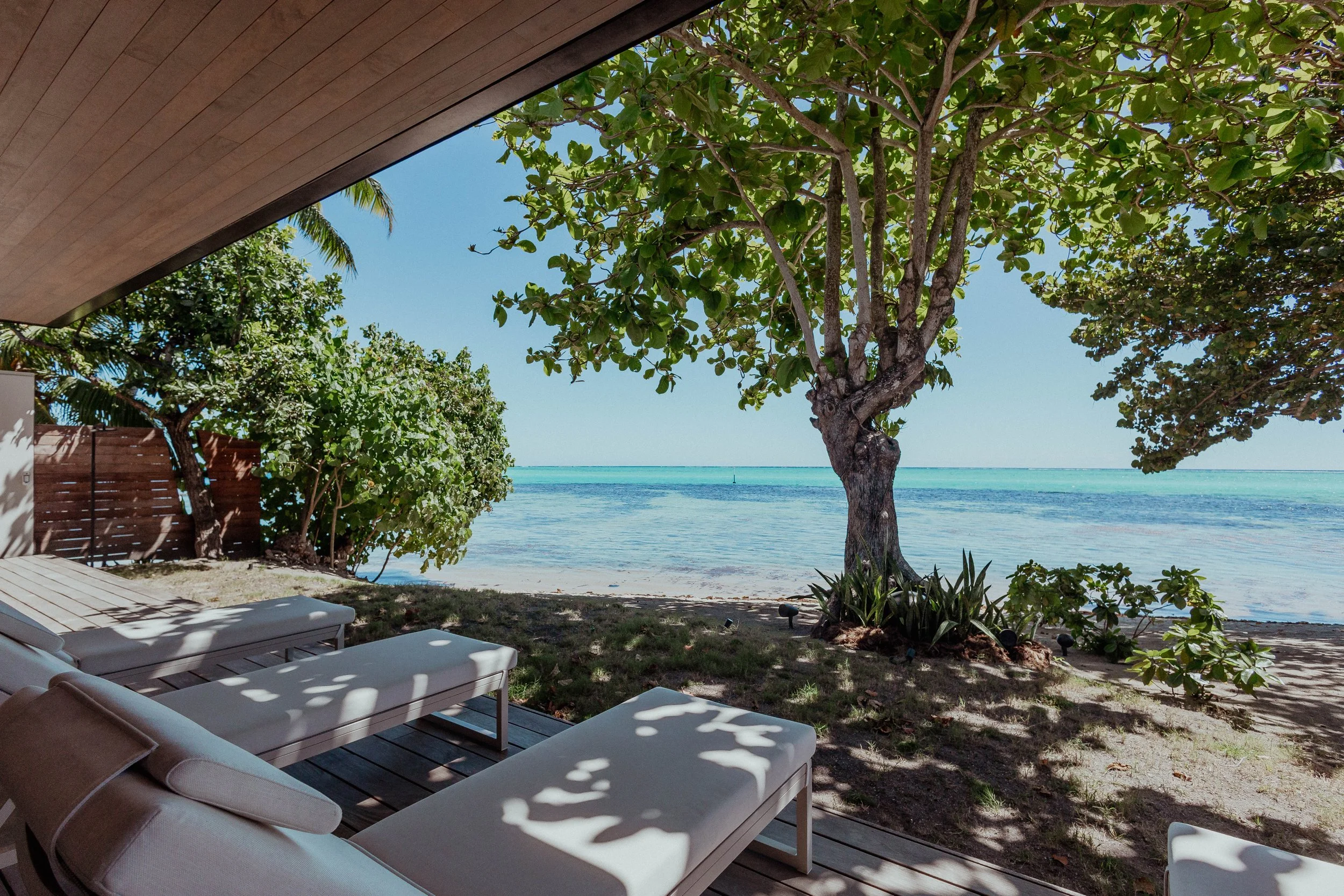 Une vue de la plage avec des transats en plein air à l'ombre d'arbres, face à la mer turquoise sous un ciel bleu clair.