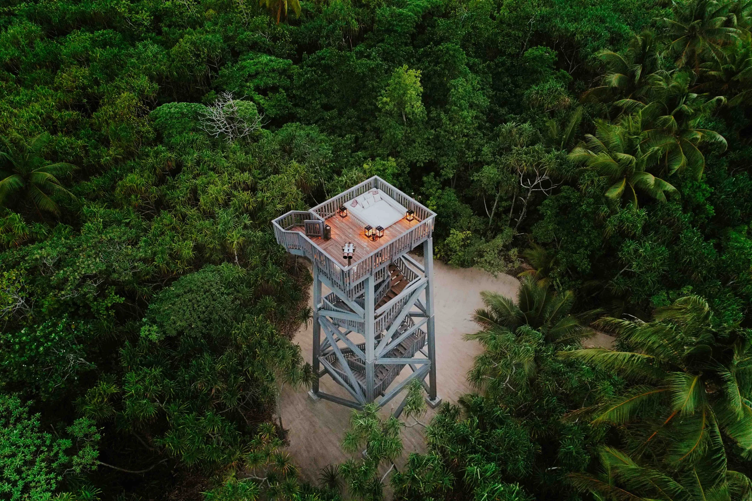 Tour d'observation en bois entourée de végétation dense dans une forêt tropicale, avec un coin salon et des lanternes sur le toit de la tour.