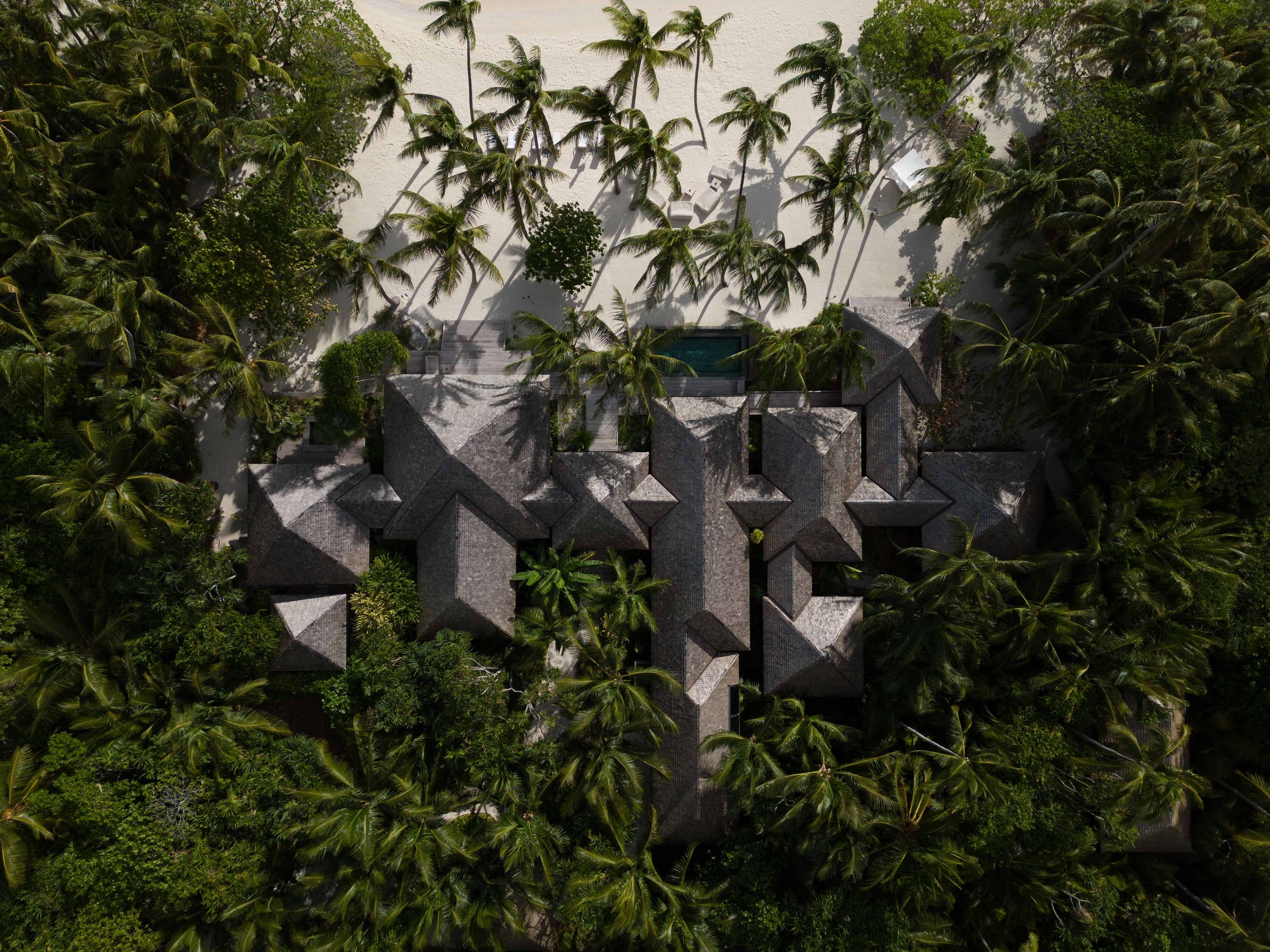 Vue aérienne d'une maison entourée de palmiers dans un environnement tropical.