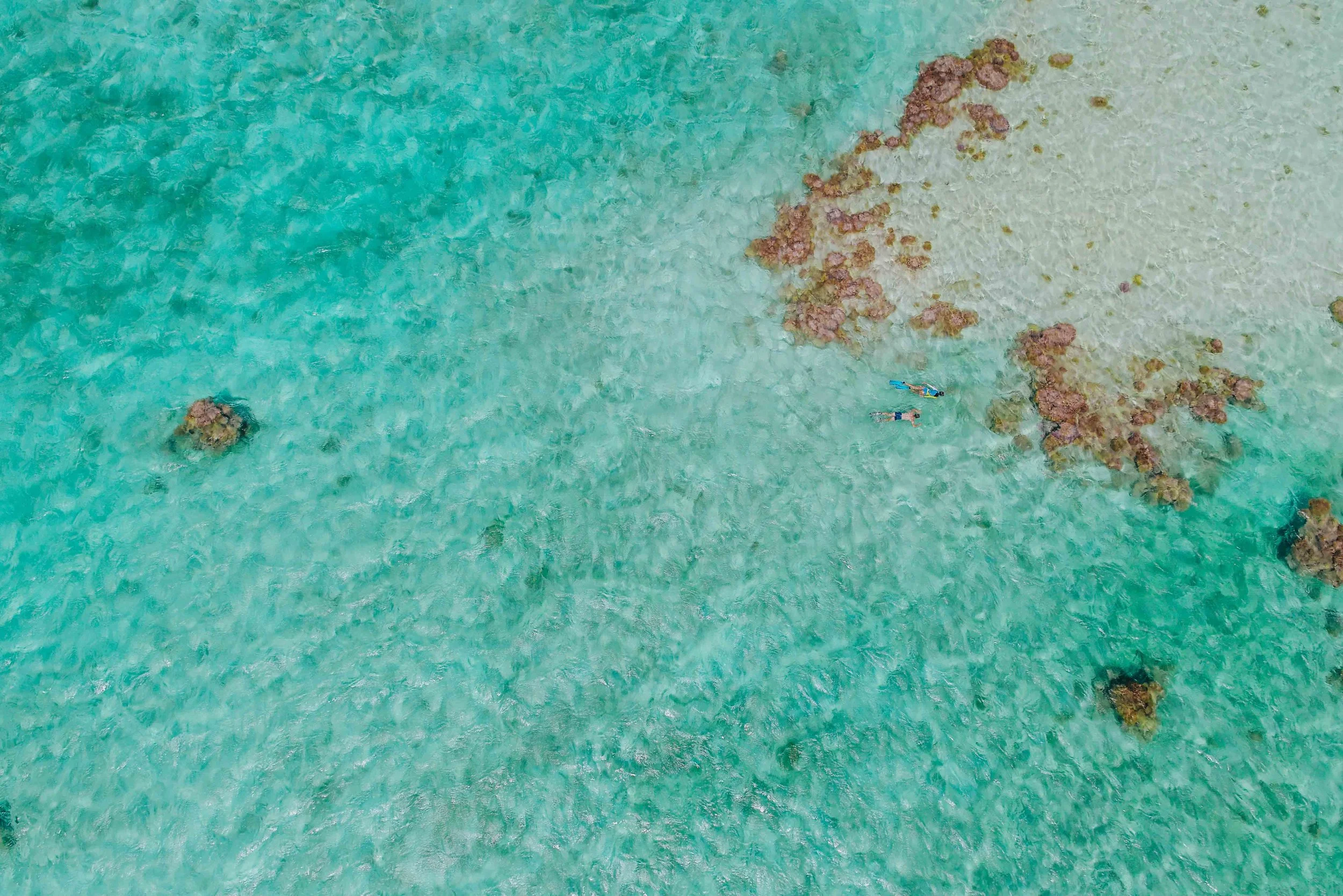 Une vue aérienne de deux personnes flottant dans une mer turquoise, entourées de rochers.