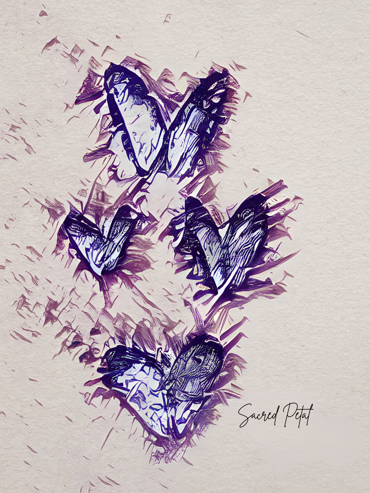 Four hand-painted purple butterflies arranged in a heart shape on a soft cream textured background, representing the Sacred Petal collection by Amber Jerrine.