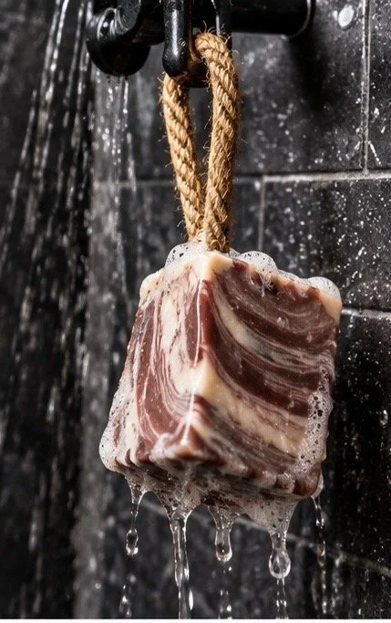Mr. Right Soap on a Rope hanging in the shower, covered in rich lather and water to show the convenient rope design for hanging and drying between uses.