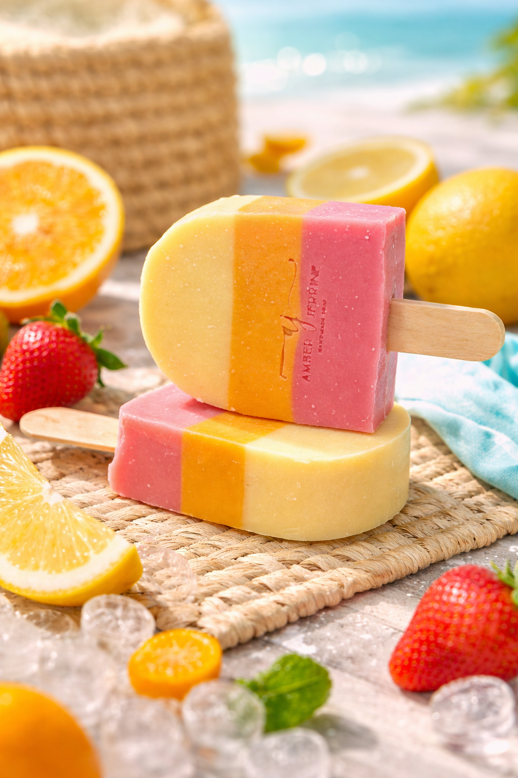 Colorful popsicle-shaped handmade soap in pink, orange, and yellow layers displayed with citrus slices, strawberries, and ice in a bright summer setting.