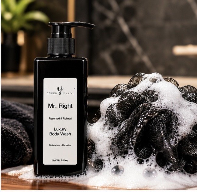 Amber Jerrine Mr. Right Luxury Body Wash in a black 8 oz pump bottle beside a foamy black shower pouf and black towel in an elegant bathroom setting.