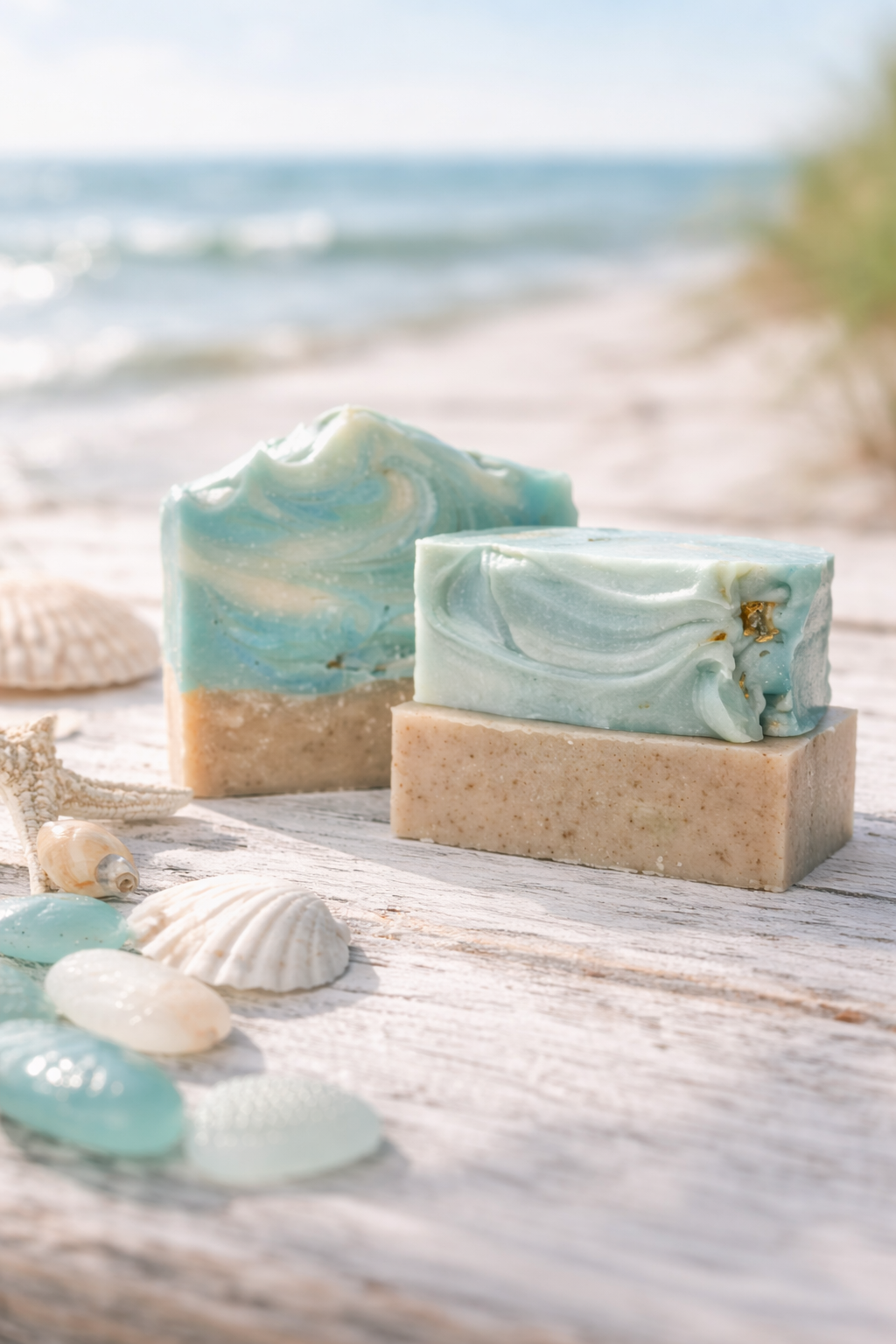 Aqua and sand-toned handmade soap bars styled on weathered wood with seashells and sea glass, set against a soft ocean shoreline backdrop.