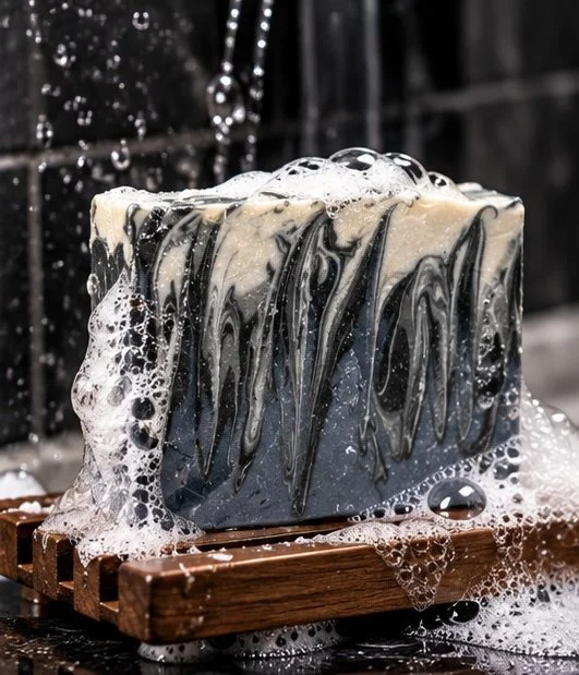 Amber Jerrine Silver Fox Triple Butter Soap covered in rich lather and water droplets on a wooden soap dish, highlighting the handcrafted black, gray, and cream marbled design.