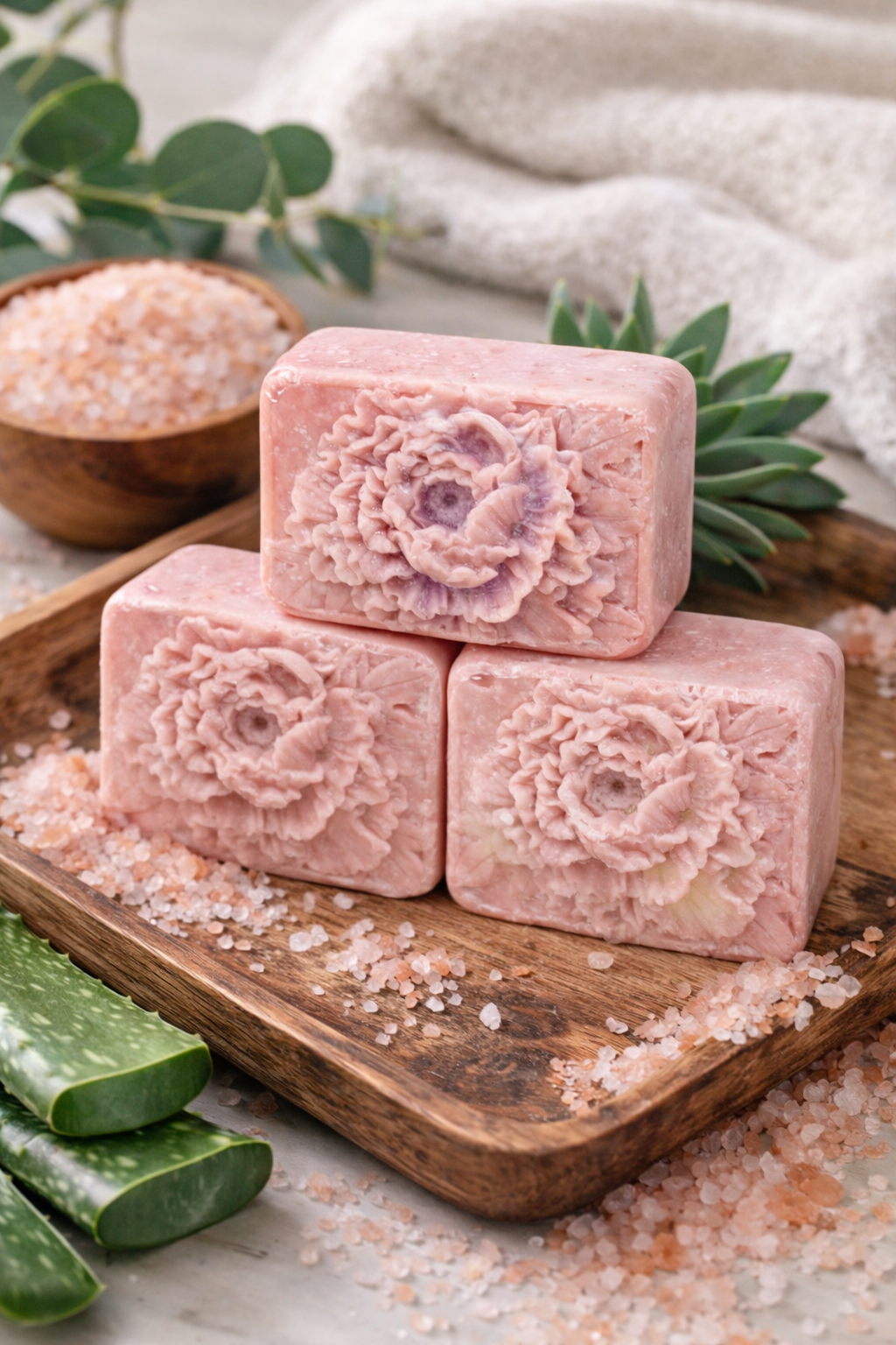 Stack of blush pink handmade soap bars with embossed swirl design, styled with a succulent plant and glass bottle in a soft natural setting.
