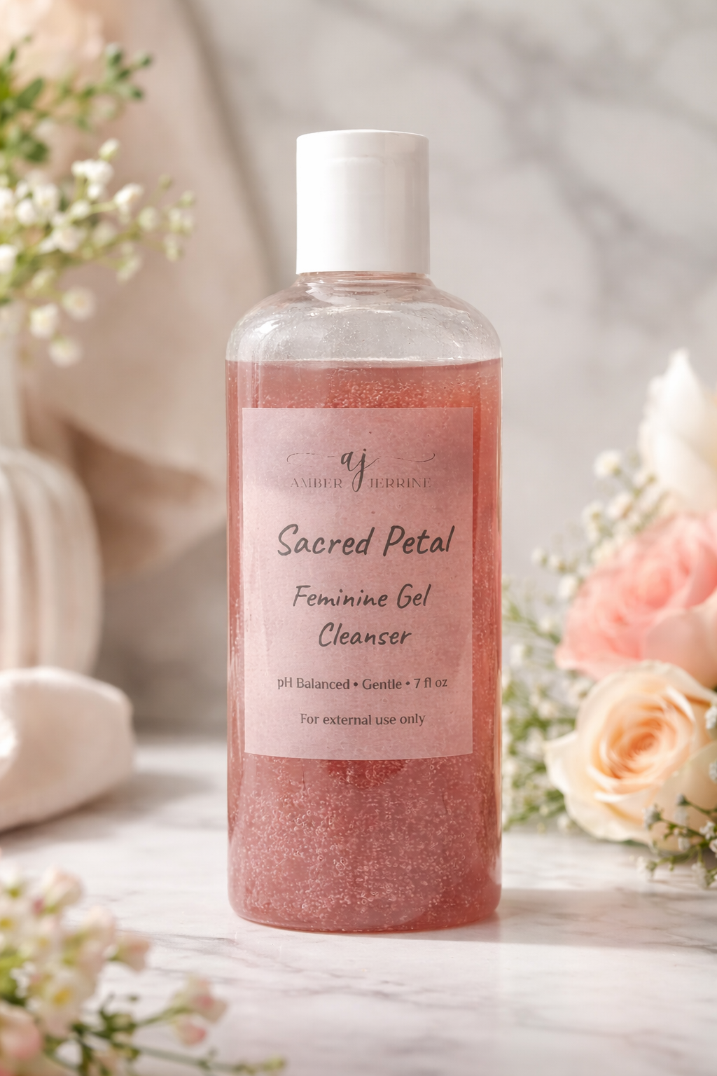 Amber Jerrine Sacred Petal feminine gel cleanser in a clear bottle with soft pink gel, styled on marble with blush roses and delicate florals in a feminine spa setting.