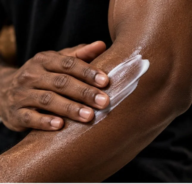 Mr. Right Luxury Hand & Body Lotion being massaged into the arm, showing its creamy texture and moisturizing finish on the skin.