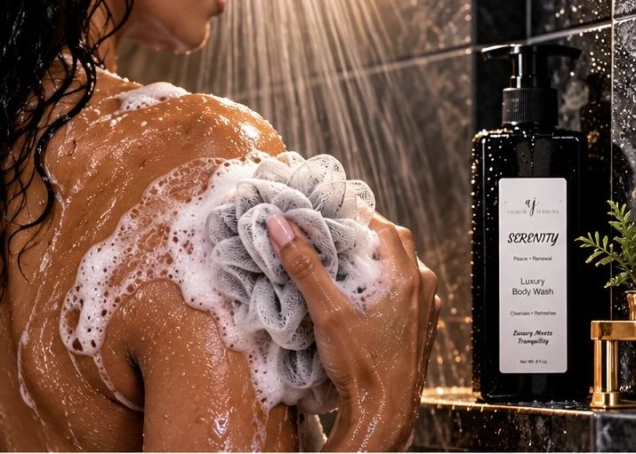 Woman cleansing her shoulder with rich foamy lather and a shower pouf, with Amber Jerrine Serenity Luxury Body Wash displayed beside her in an elegant shower setting.