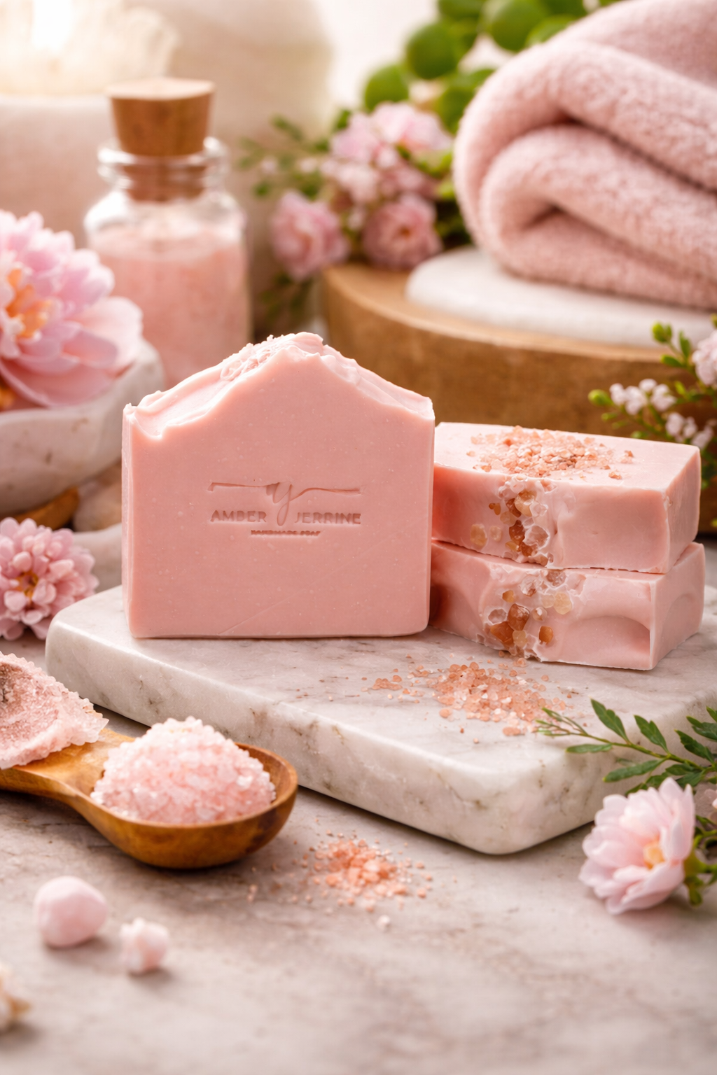 Blush pink calamine soap bars displayed on a marble tray with soft towels, pink sea salt, and delicate florals in a serene spa-inspired setting.