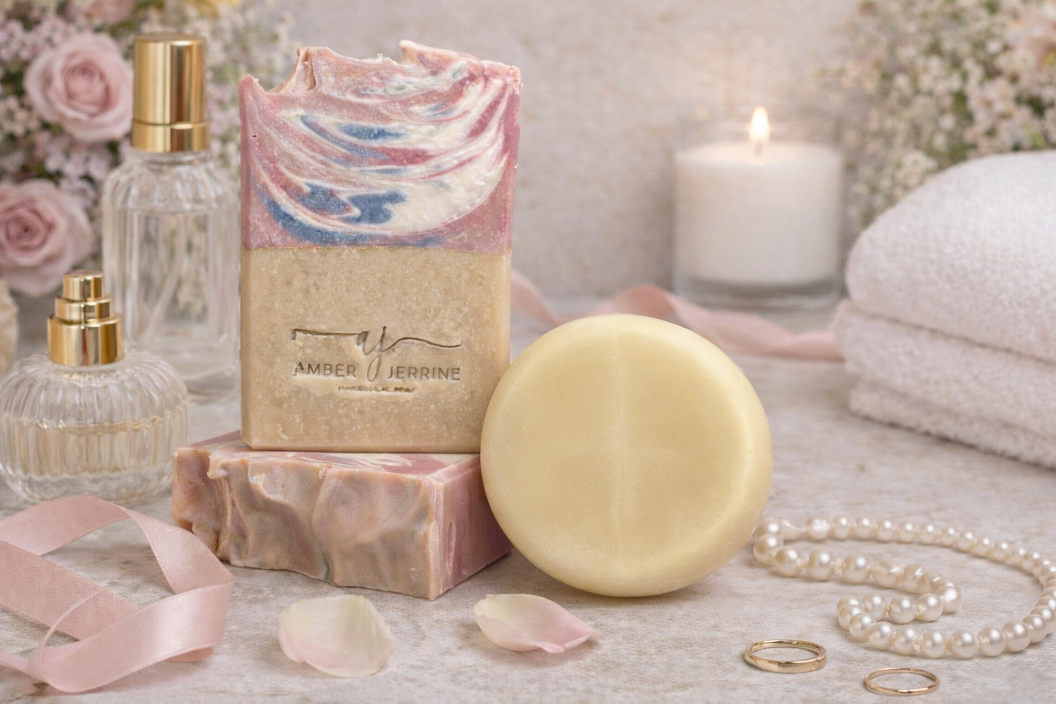 China Doll soap and lotion bar gift set displayed with soft pink accents