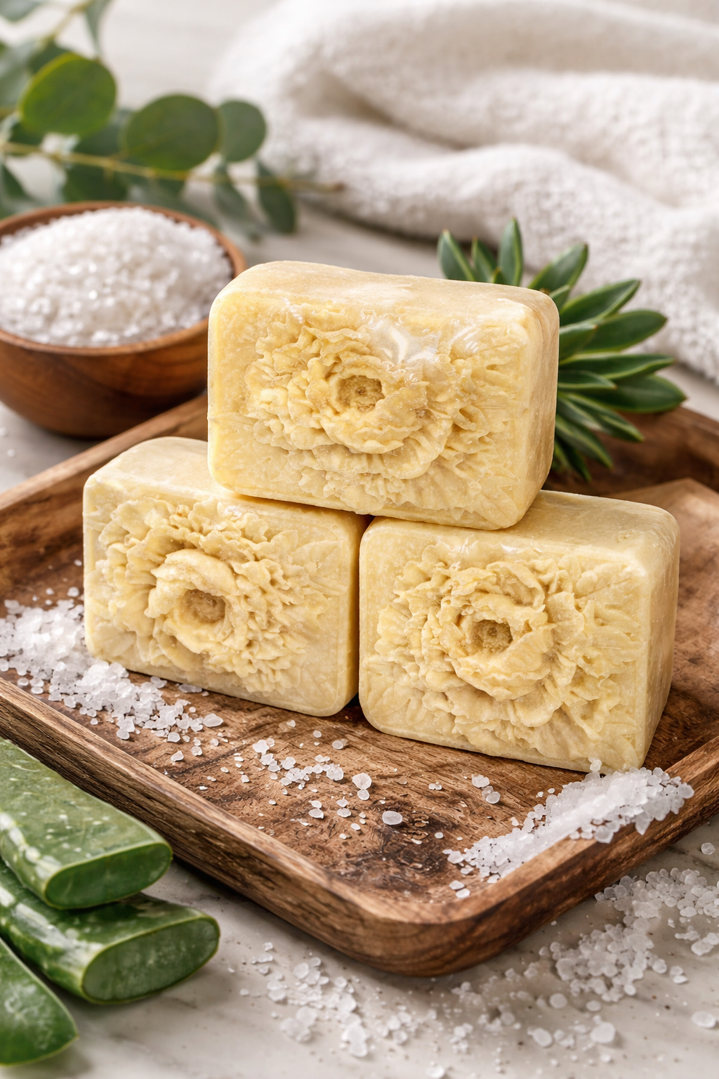 Stacked natural beige soap bars with textured botanical top, styled with soft towels and green leaf.