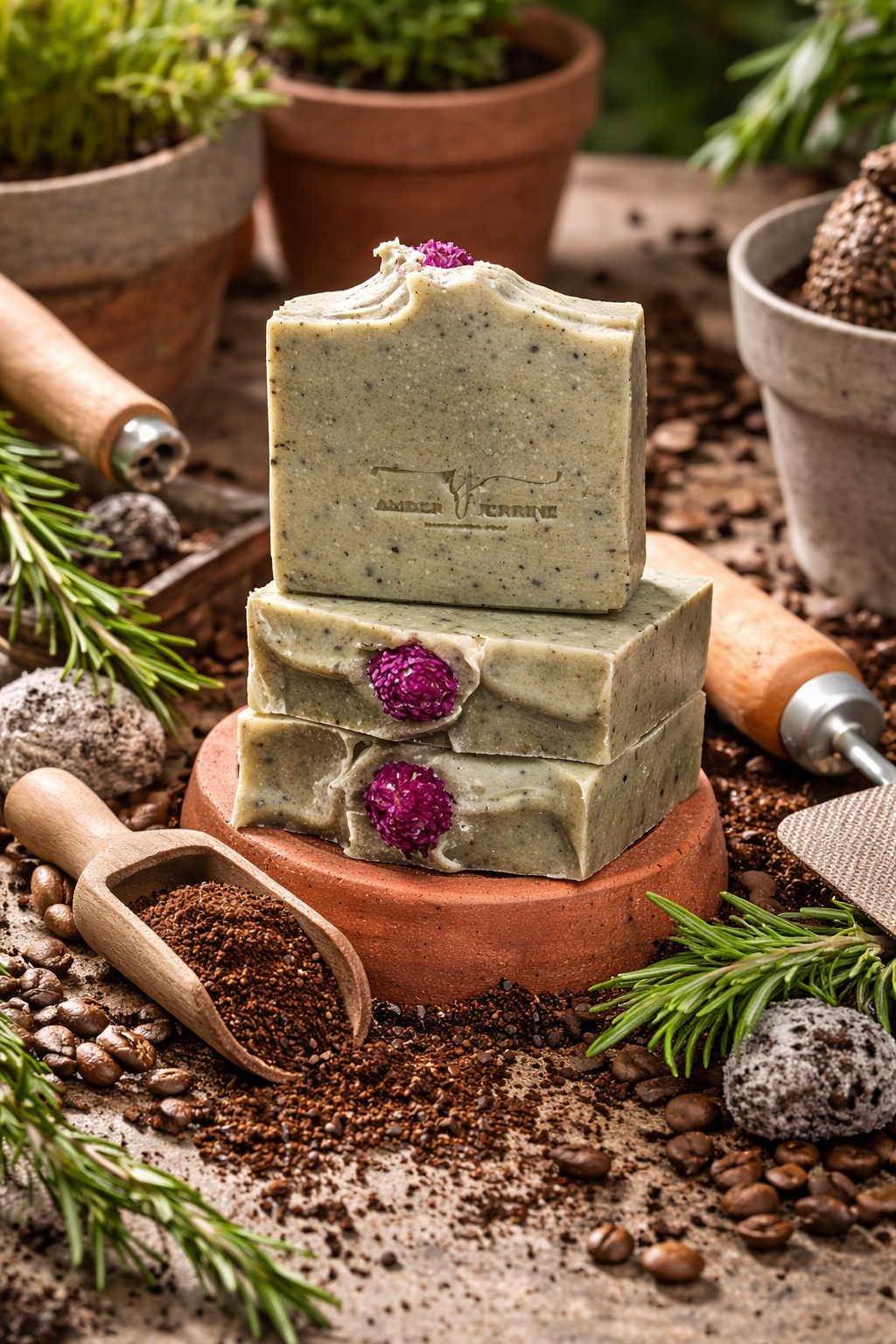 Handcrafted gardener’s soap bars with pumice, jojoba beads, and ground coffee, styled on a terracotta pot surrounded by soil, coffee grounds, rosemary sprigs, and garden tools.