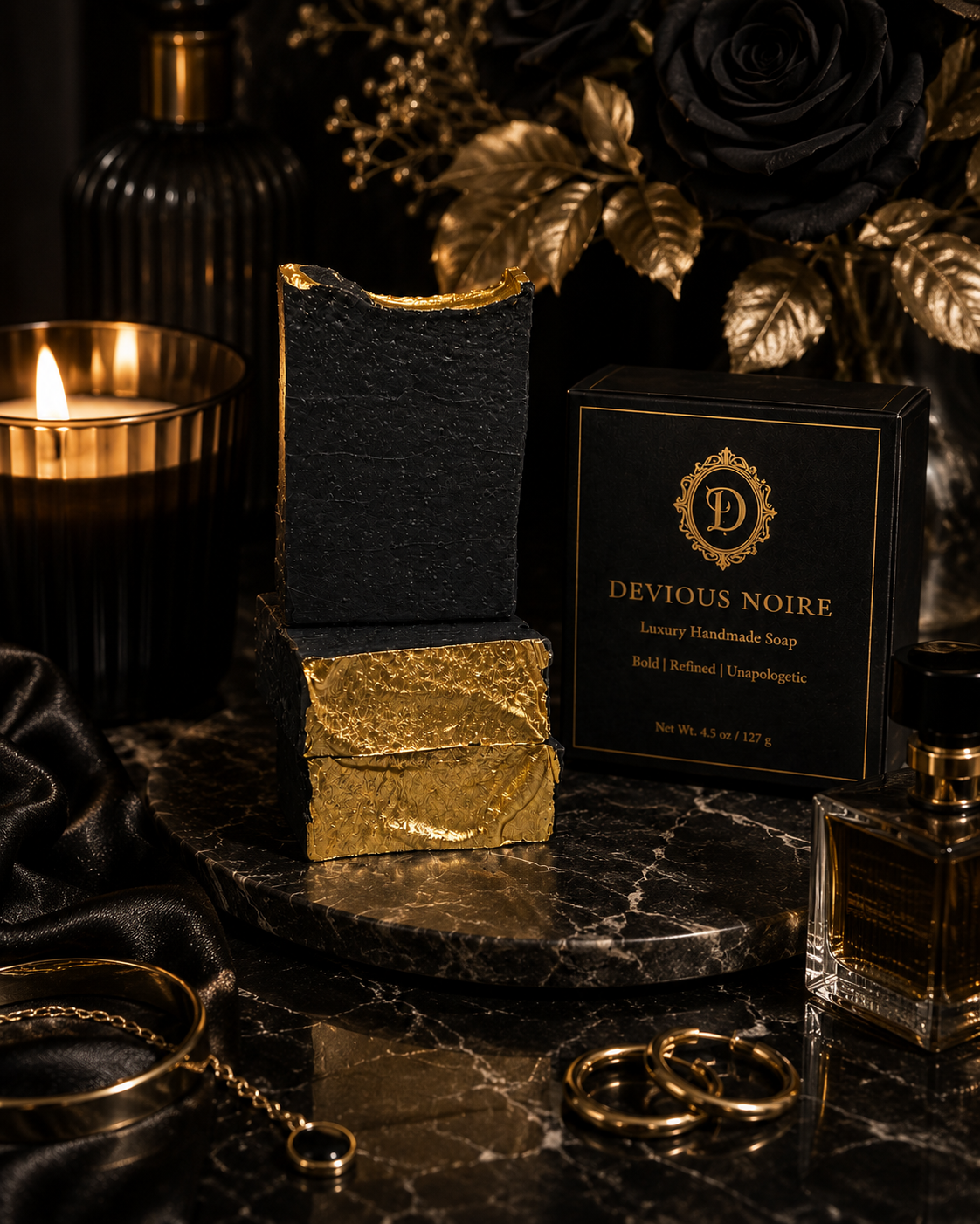 Luxury black and gold handmade soap displayed on marble with candlelight, roses, and elegant feminine accessories in a moody noir setting.