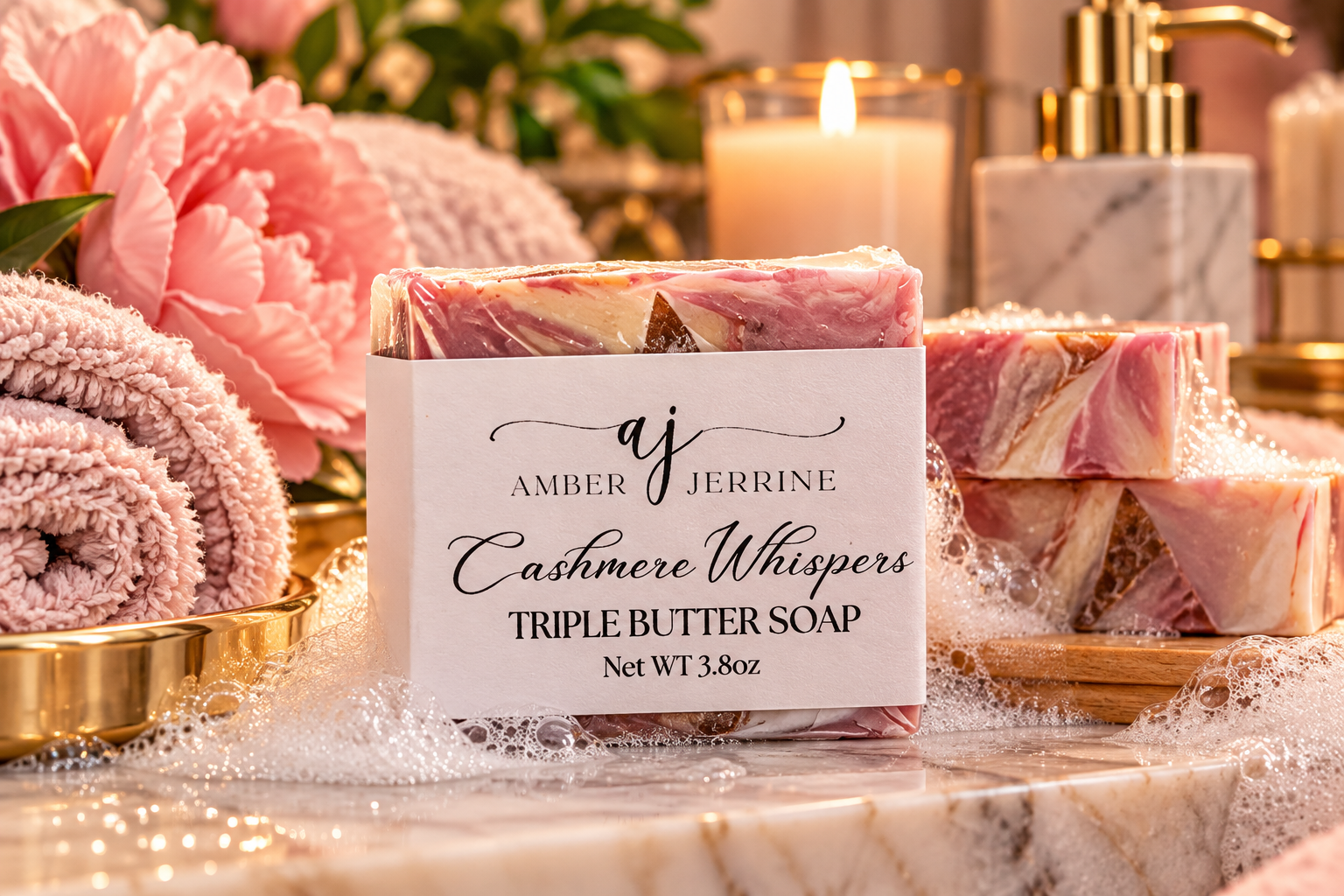 Cashmere Whispers Triple Butter Soap, a 3.8 oz handcrafted pink and cream marbled bar, displayed with rich lather, soft pink towels, flowers, candlelight, and elegant gold accents.