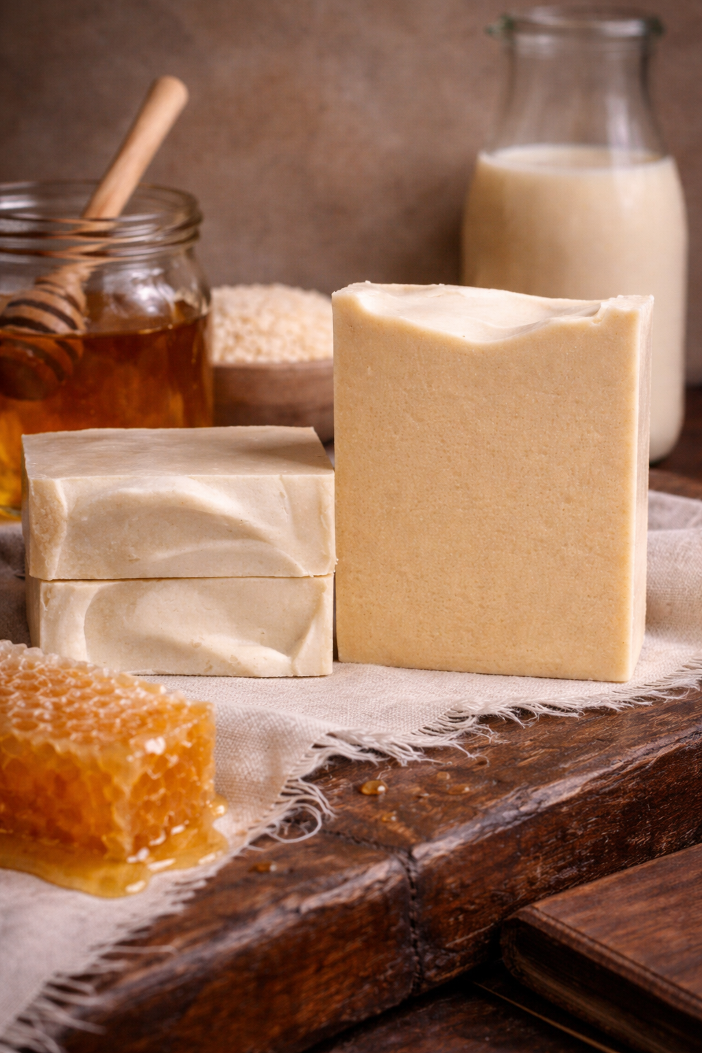 Rice Milk and Honey cold process soap bars on linen over rustic wood. Creamy beige bars with smooth swirls, honey jar, milk bottle, and rice bowl in background.