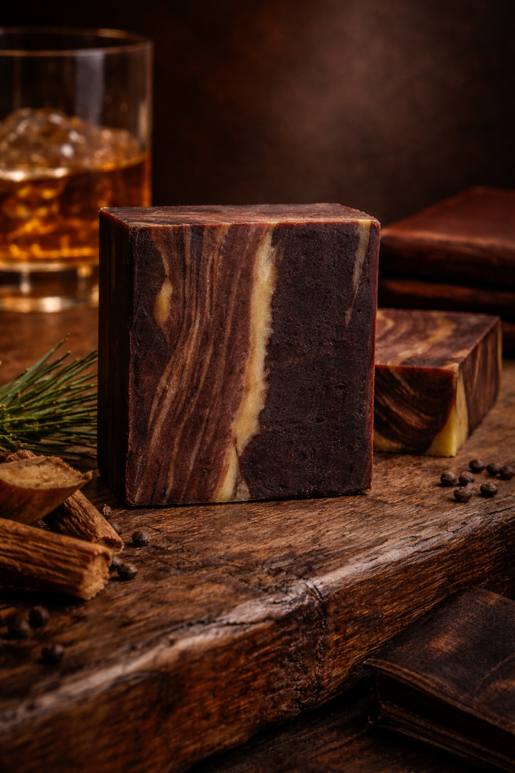 Handcrafted wood grain soap bar with cocoa color tones. Warm amber and leather inspired scent profile. Rustic layered design with deep brown and natural cream swirls.