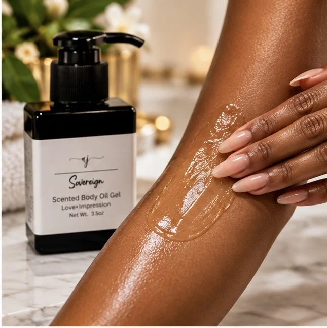 Sovereign Scented Body Oil Gel by Amber Jerrine being massaged into the skin, showing its silky, moisturizing gel texture and radiant finish.