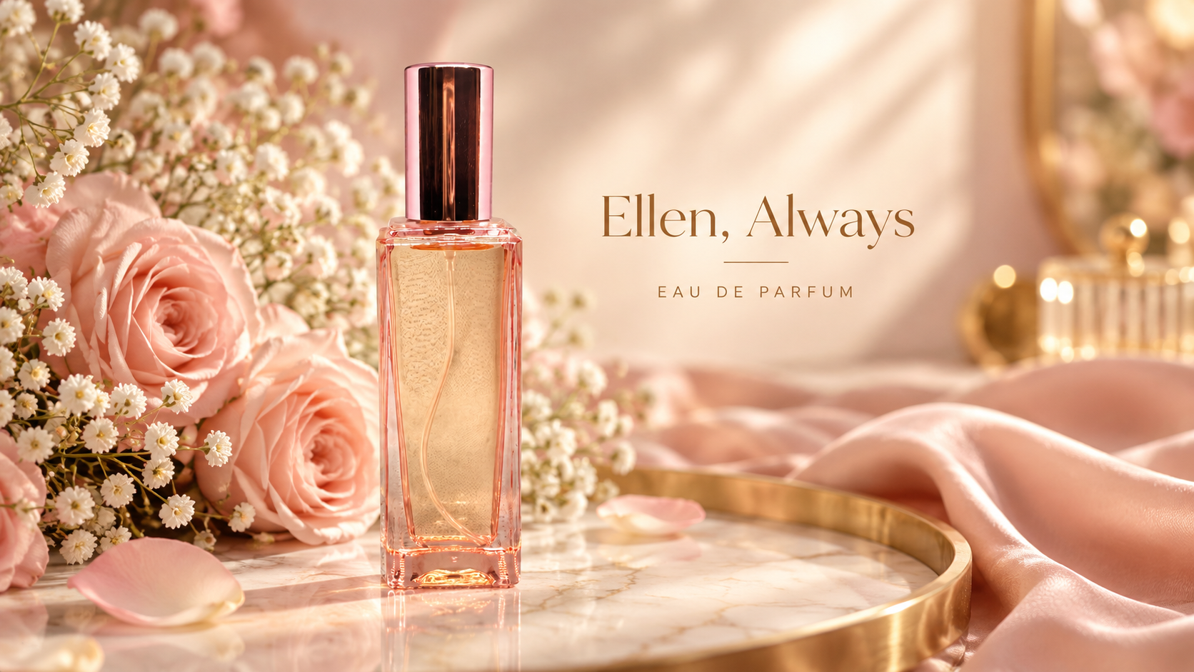 Ellen, Always Eau de Parfum in a blush pink glass bottle with a rose-gold cap, displayed on a marble tray with soft pink roses, white flowers, blush satin, and warm golden lighting.