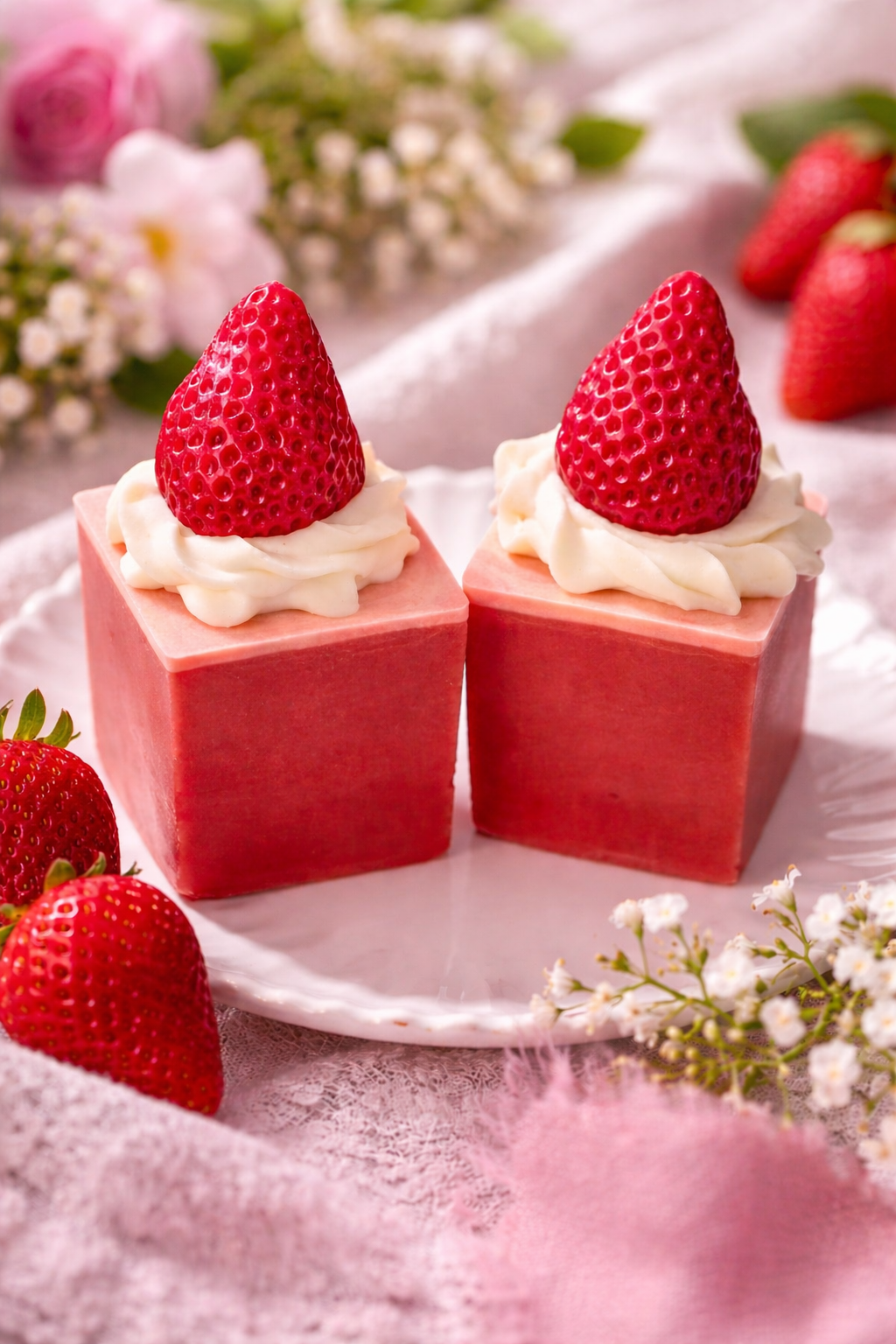Two handcrafted Berry Chantilly soap bars with pink to red gradient base and white frosting tops on a scalloped plate, surrounded by strawberries and white blossoms.