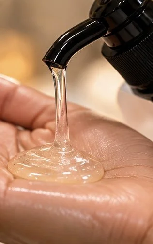 Close-up of Serenity Scented Body Oil Gel being dispensed from a pump into the palm, highlighting its silky, luxurious gel-oil texture.