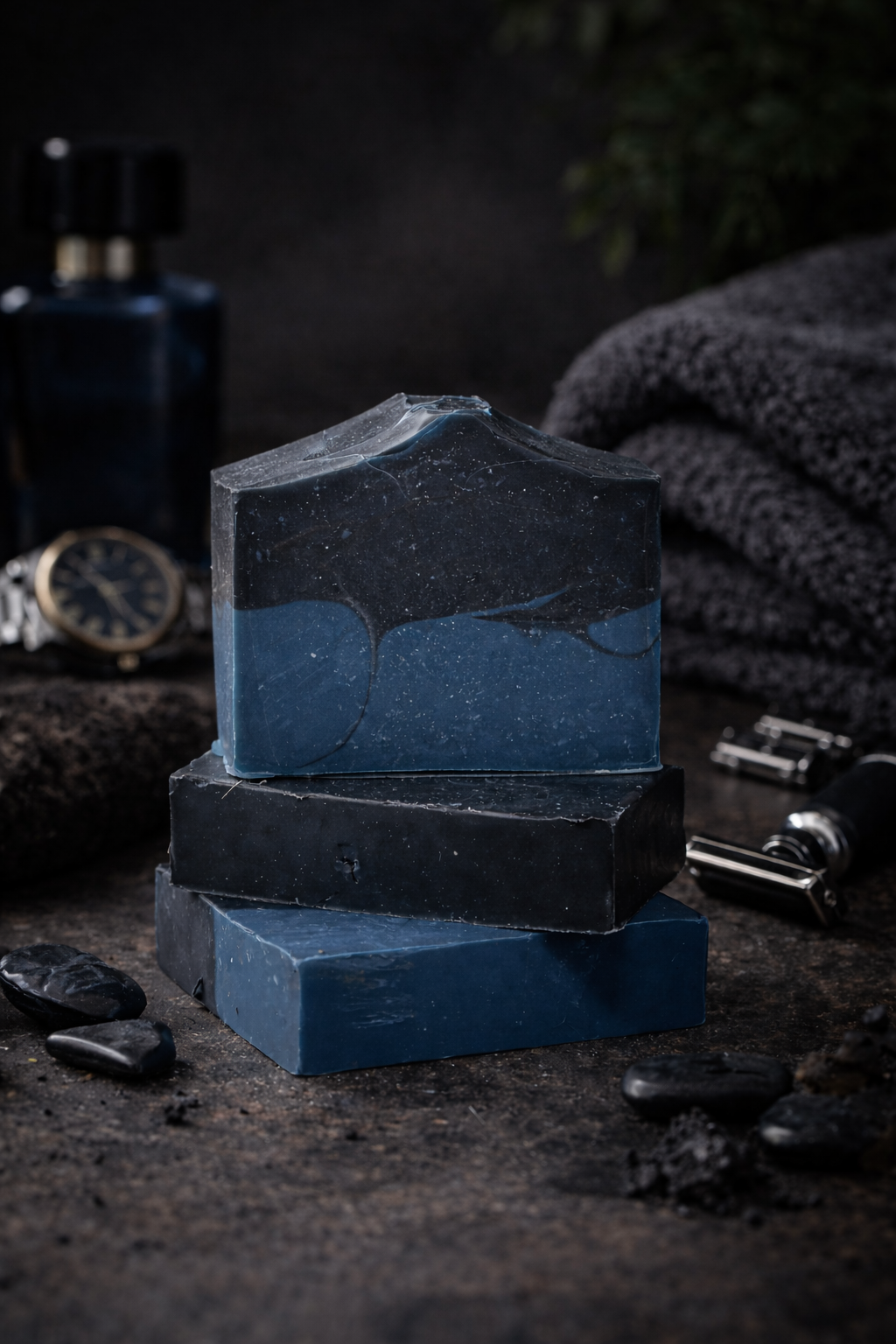 Three navy and charcoal handmade soap bars stacked on a dark stone surface, styled with a cologne bottle, watch, towel, and black stones in a moody masculine setting.