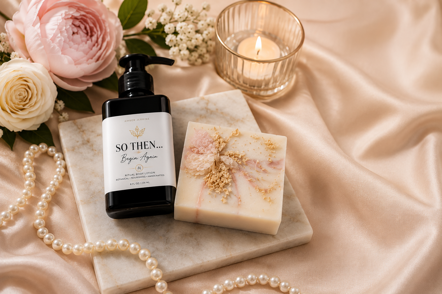 Luxurious flat lay featuring handcrafted soap, lotion bottle, candlelight, pearls, and blush florals on champagne satin and marble.