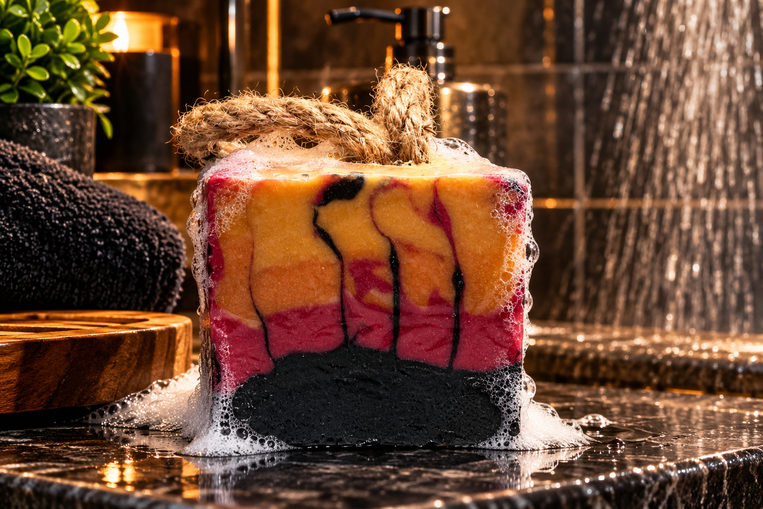 Ignite Soap on a Rope, a handcrafted 8.5 oz bar with bold amber, burgundy, and black swirls, displayed with rich lather in a warm luxury shower setting.